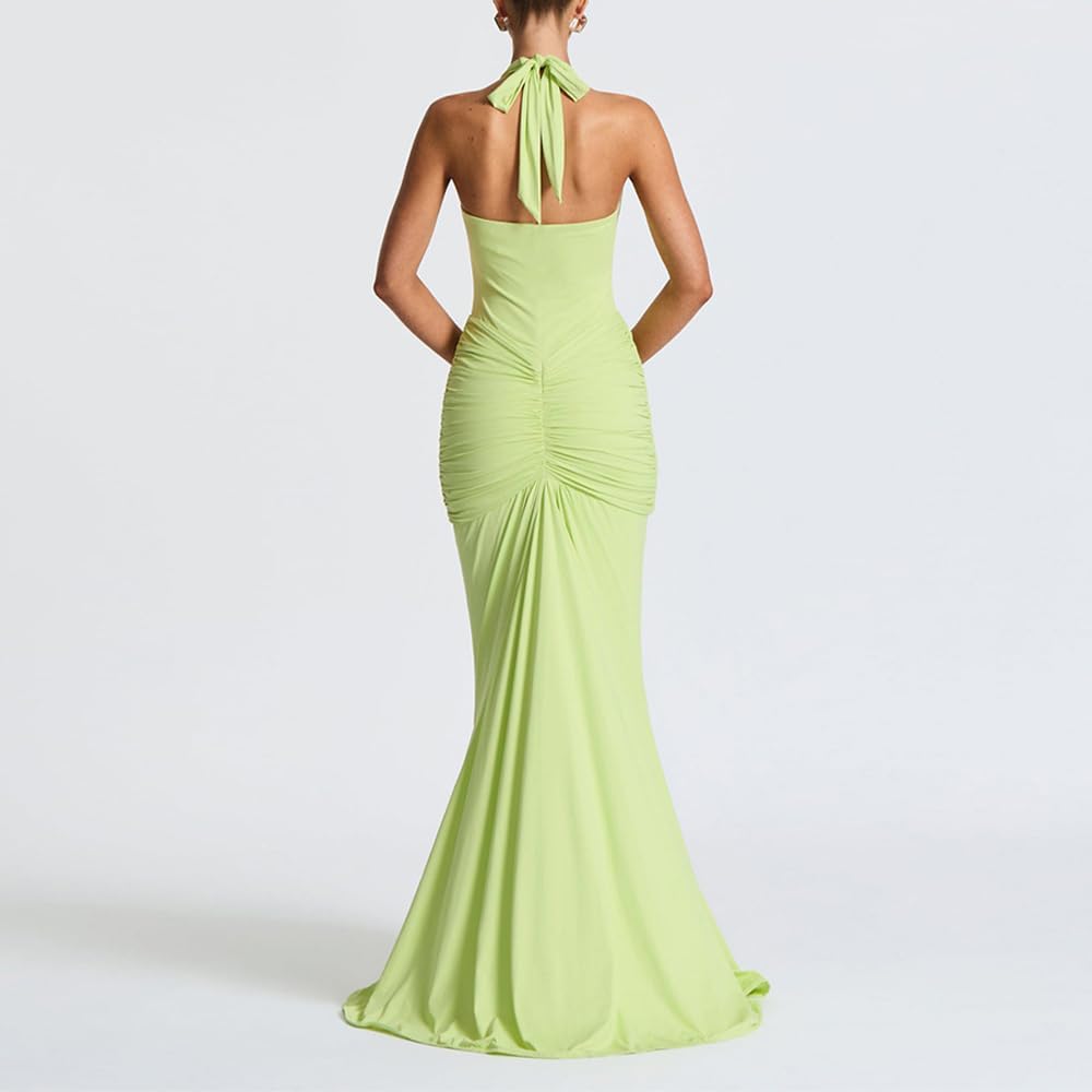Women Deep V Neck Ruched Maxi Dress Sleeveless Halter Gown Cocktail Evening Formal Dresses