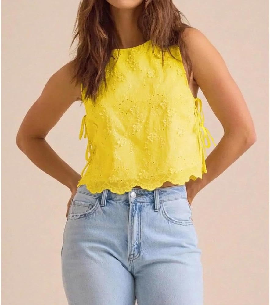 Women Eyelet Embroidered Tank Top Sleeveless Side Tie Summer Going Out Crop Top