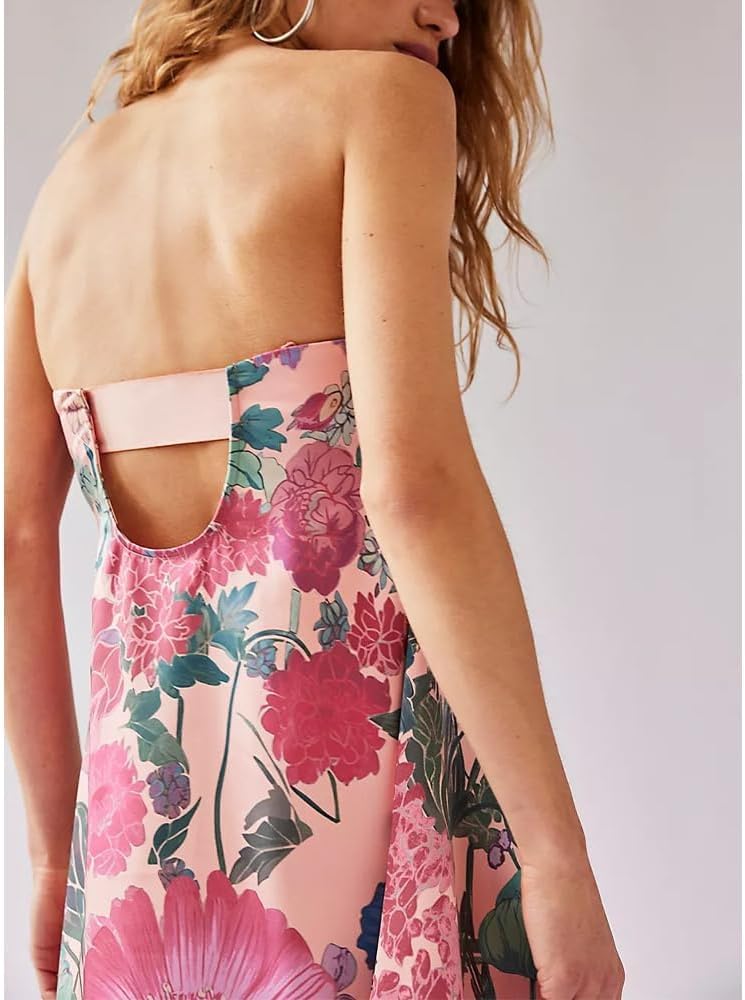 Women Boho Floral Maxi Dress Backless Spaghetti Strap A Line Flowy Summer Vacation Long Dress