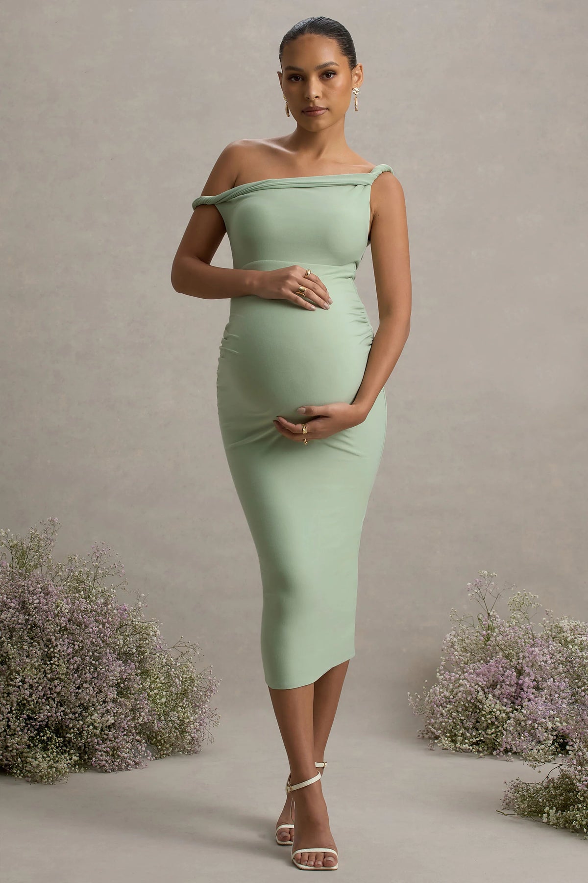 Salome Light Green Twisted Asymmetric Maternity Midi Dress
