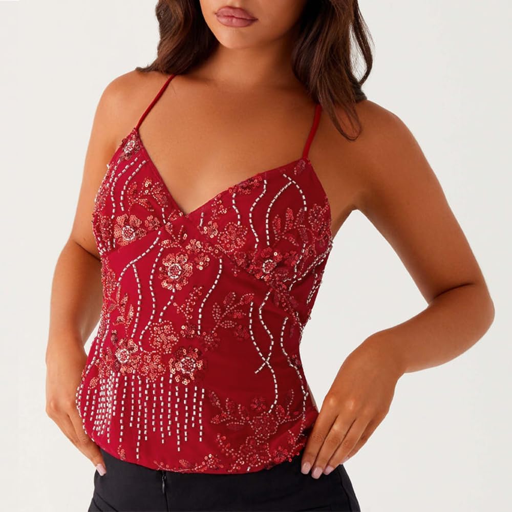 Women Sequin Beaded Cami Top V Neck Backless Criss Cross Straps Crop Tops Summer Going Out Clubwear