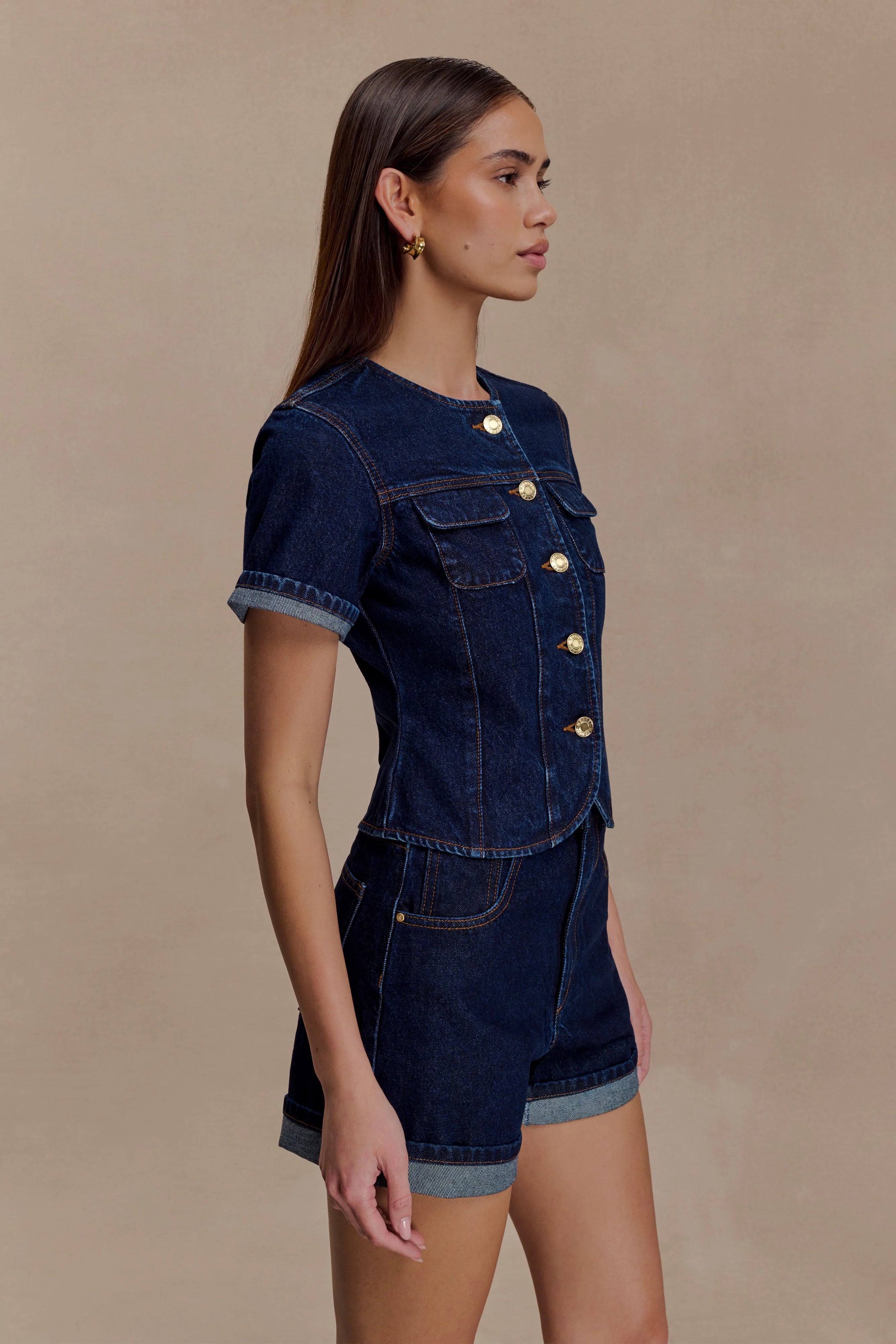 Marge Fitted Denim Short Sleeve Top Indigo Blue