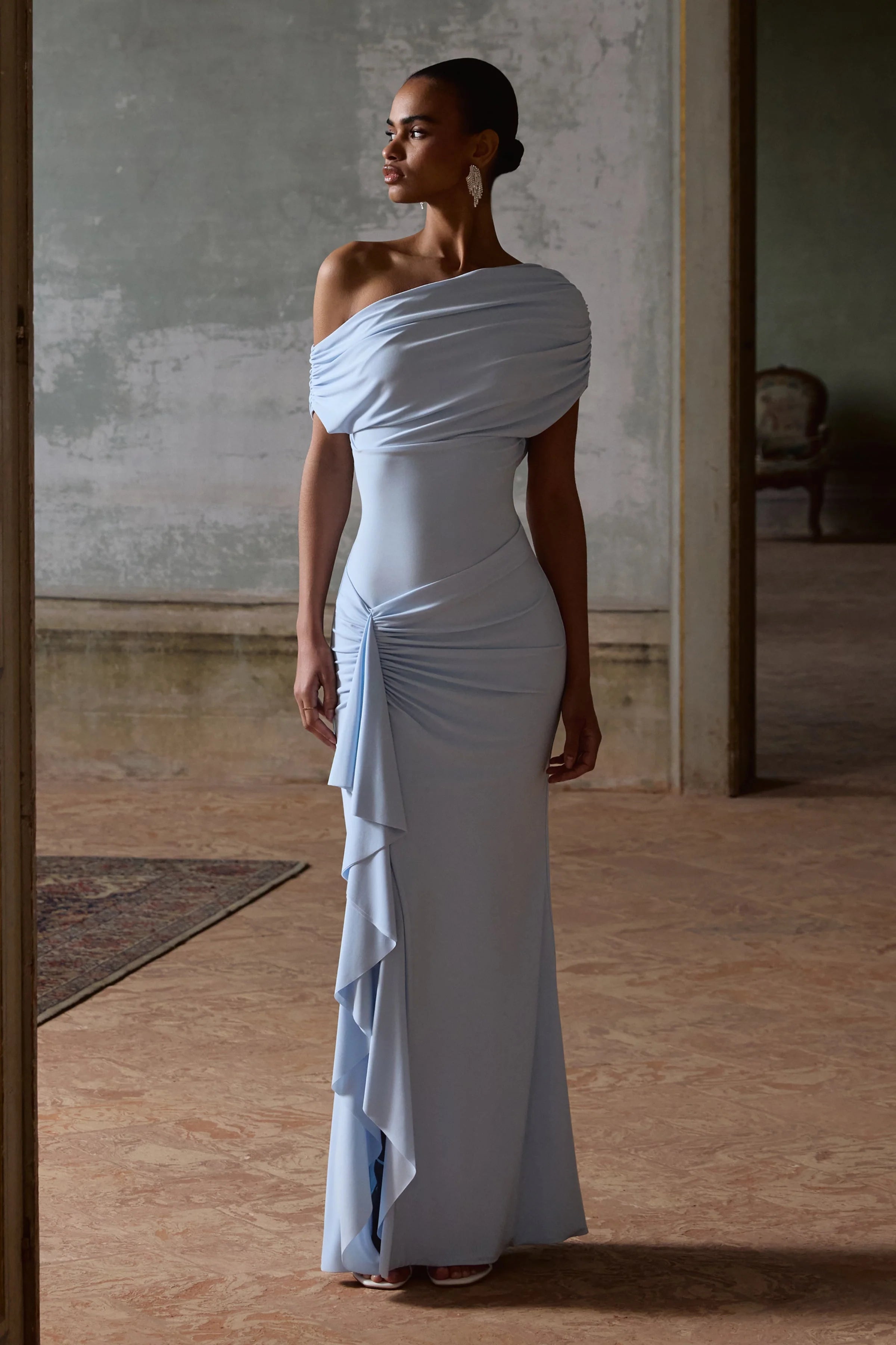 Siora Powder Blue Asymmetric Neck Maxi Dress With Draped Detailing