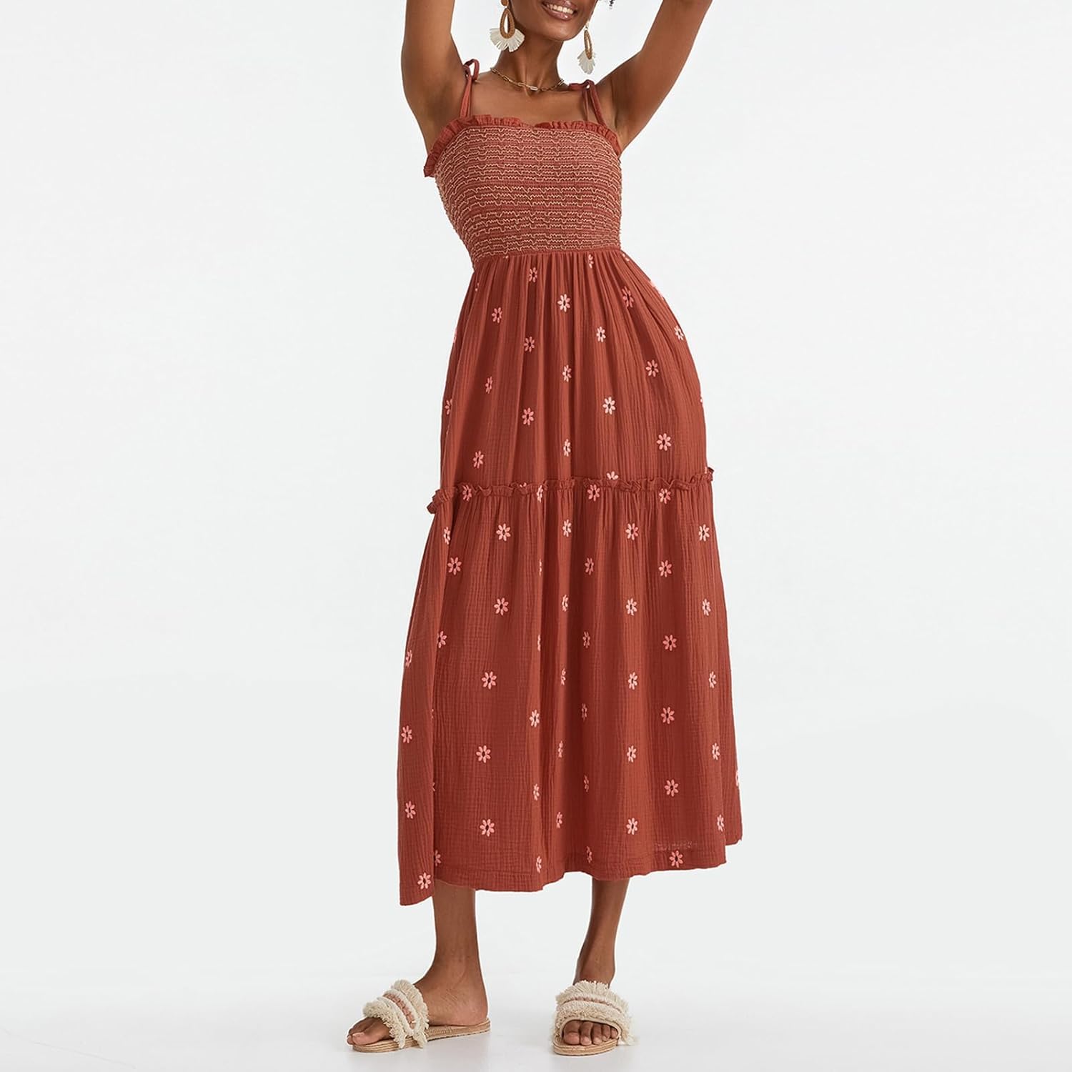 Women Floral Embroidered Maxi Dress Sleeveless Tie Shoulder Smocked Flowy Dress Boho Summer Sundresses with Pockets
