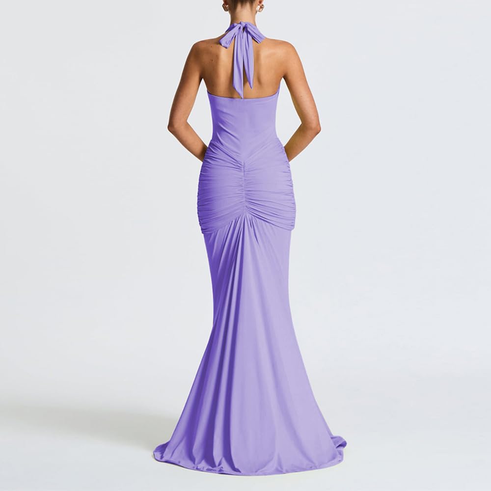 Women Deep V Neck Ruched Maxi Dress Sleeveless Halter Gown Cocktail Evening Formal Dresses