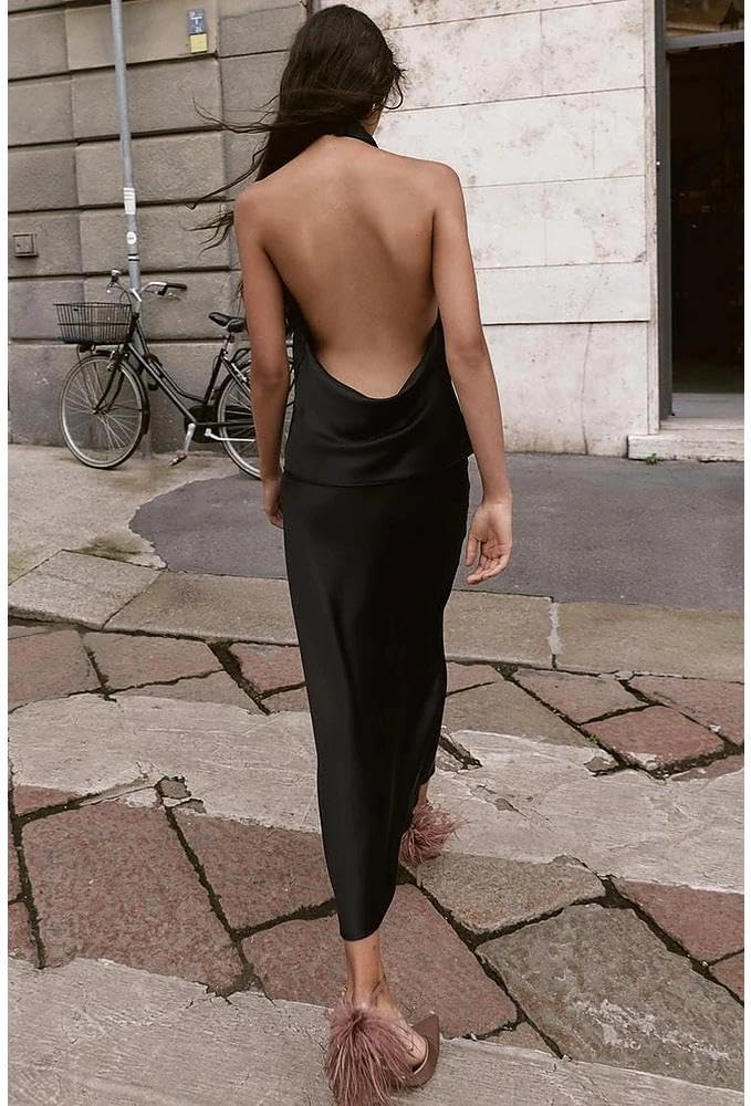 Women Halter Top Cowl Neck Backless Satin Silk Tank Tops Elegant Going Out Clubwear