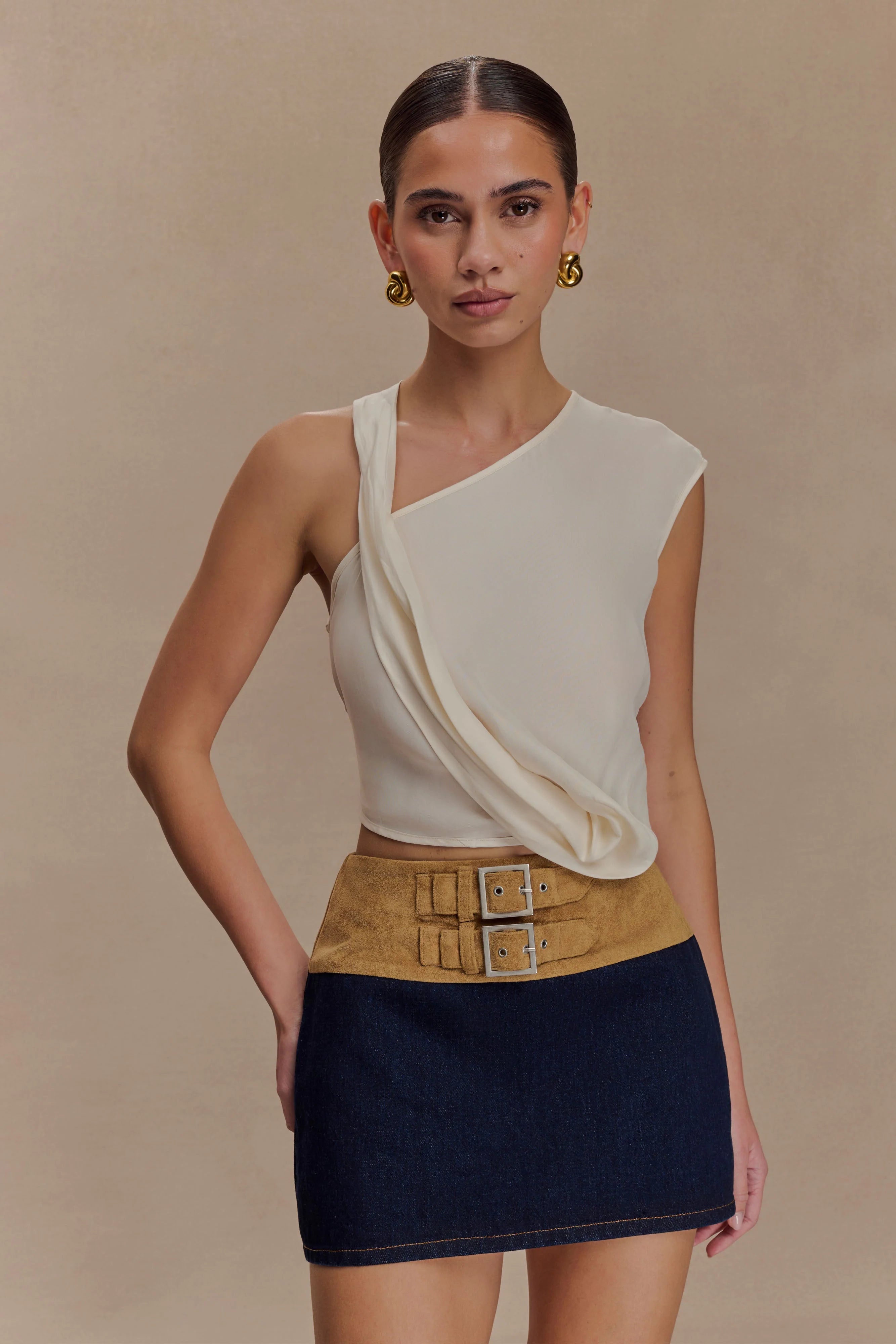 Miranda Faux Suede Belted Denim Mini Skirt Indigo Blue
