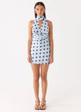 Get Me Halter Mini Dress - Blue Mocha Dot
