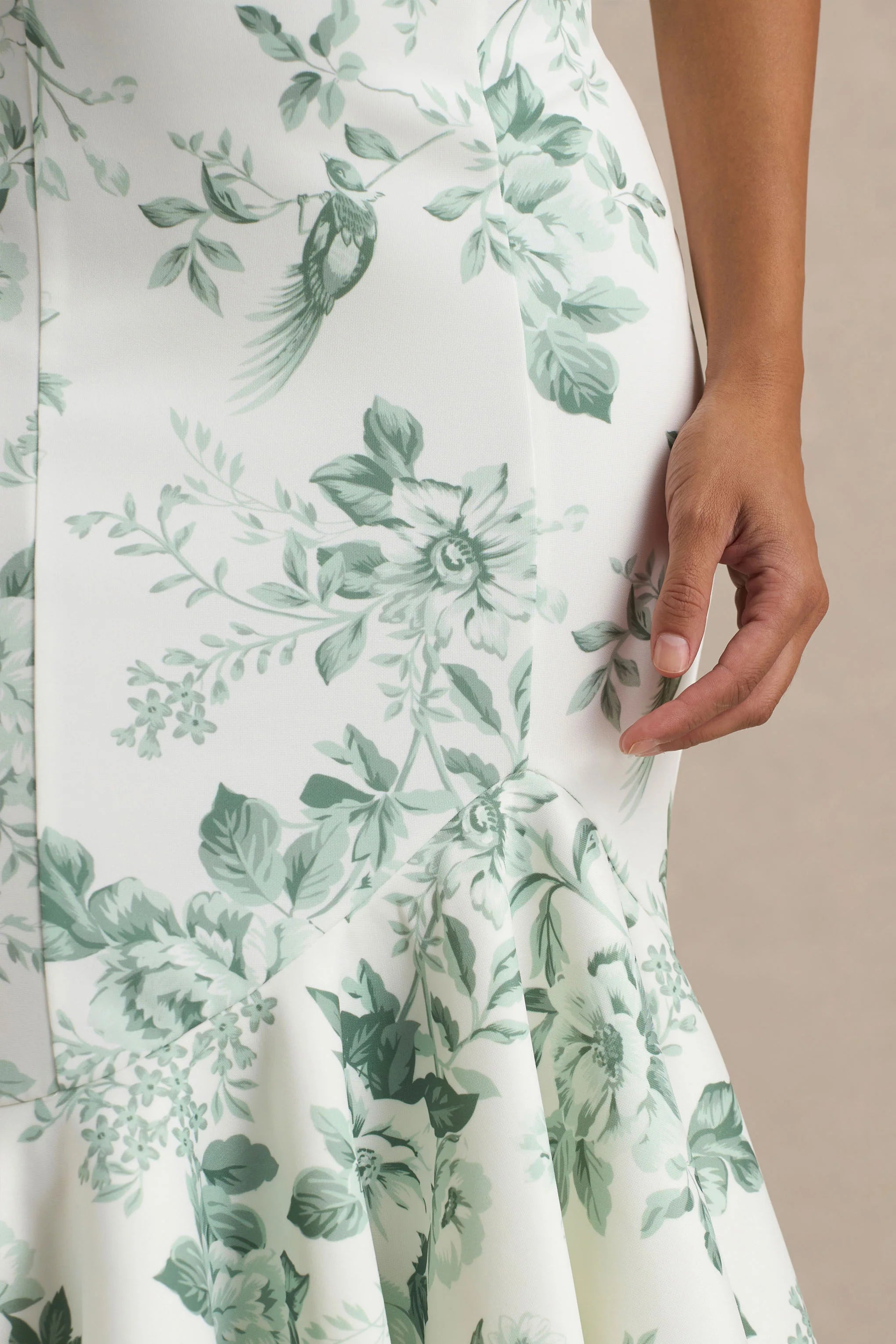 Priceless Green Porcelain Print Print High Neck Fishtail Midi Dress