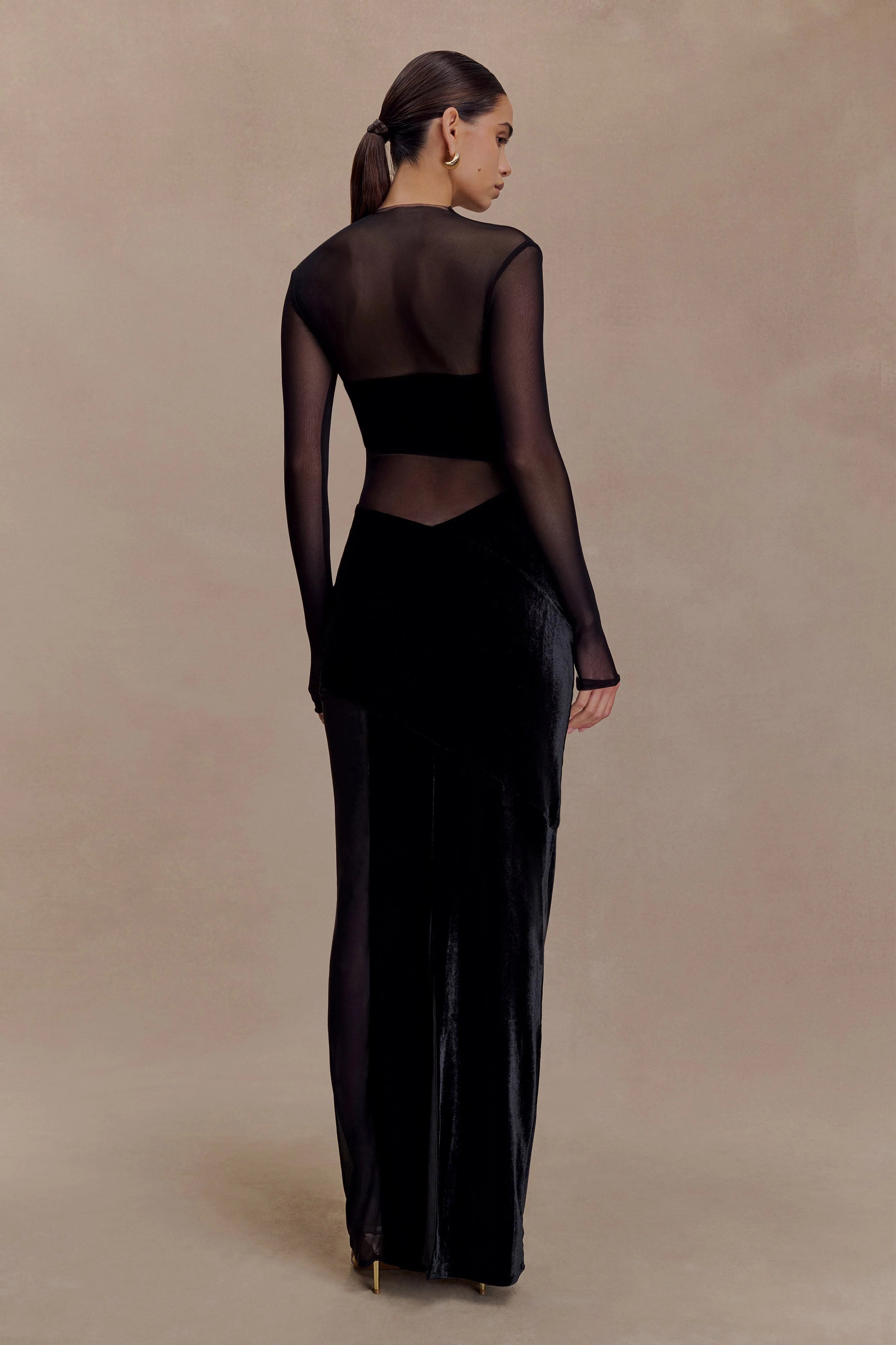 Davina Velvet And Mesh Maxi Dress Black