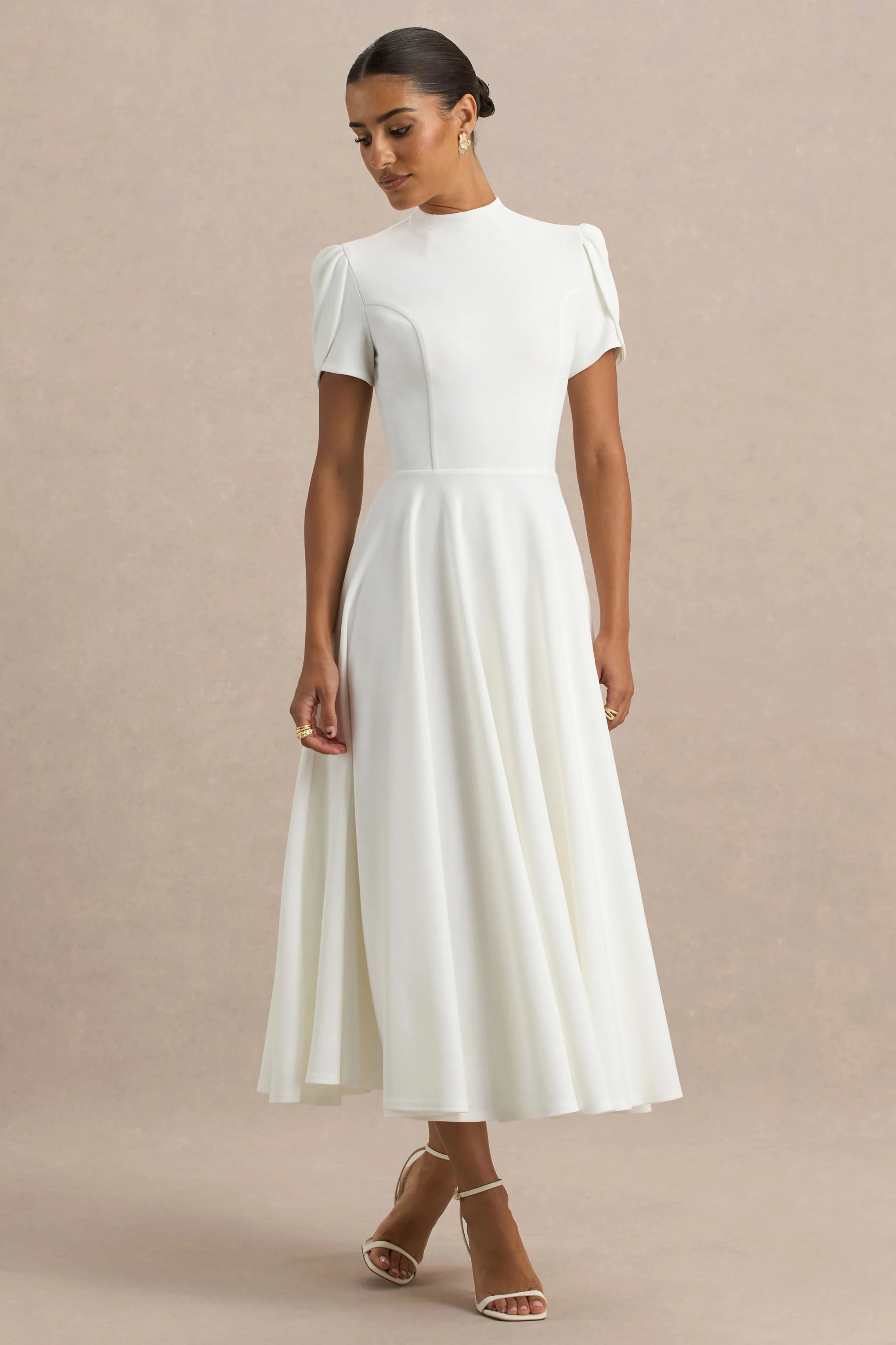 Vicky White High Neck Midi Dress With Puff Sleeves