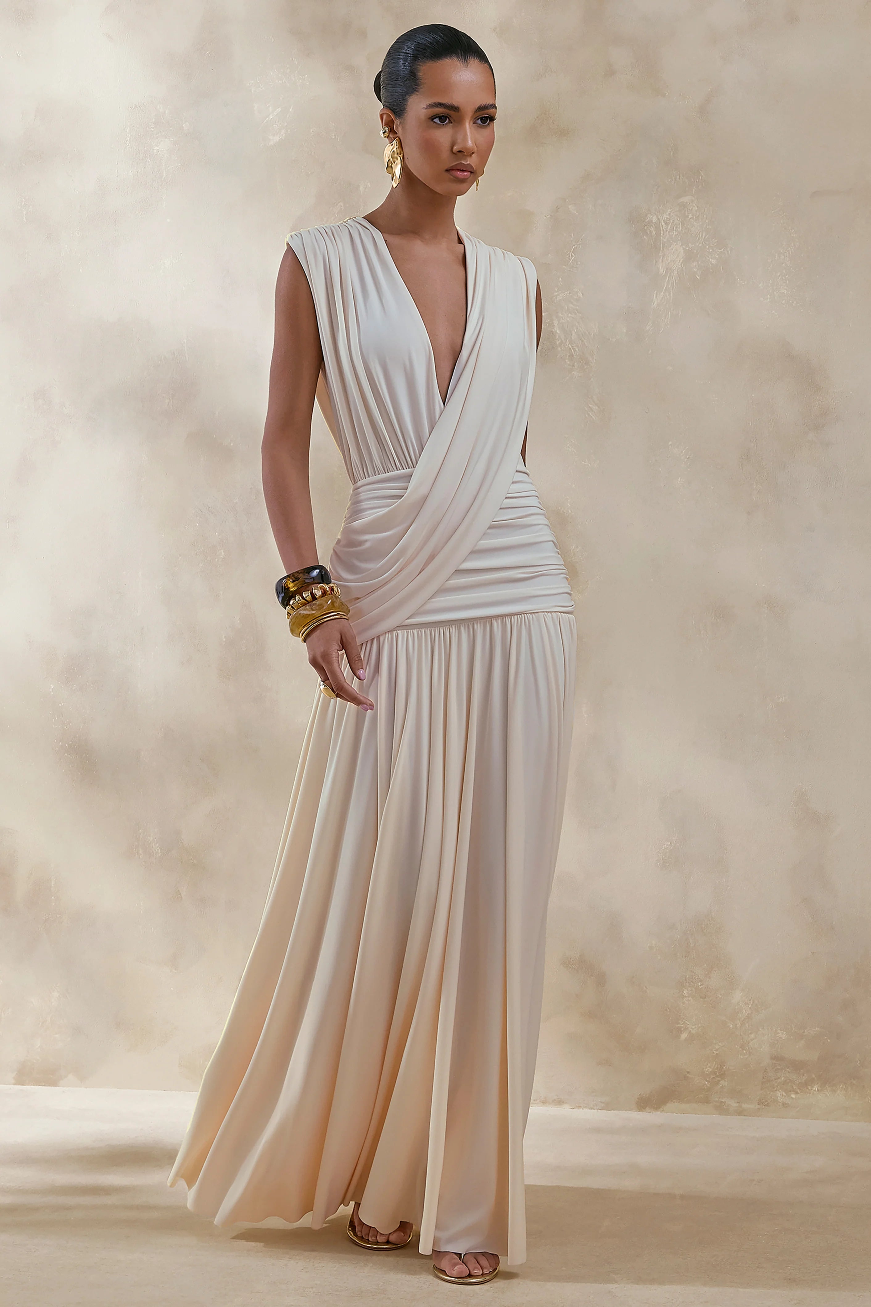 Glorina Cream Plunge Neck Maxi Dress With Draped Detailing