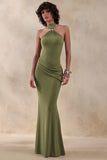 Polina Olive High Neck Maxi Dress With Drape And Gold Detail