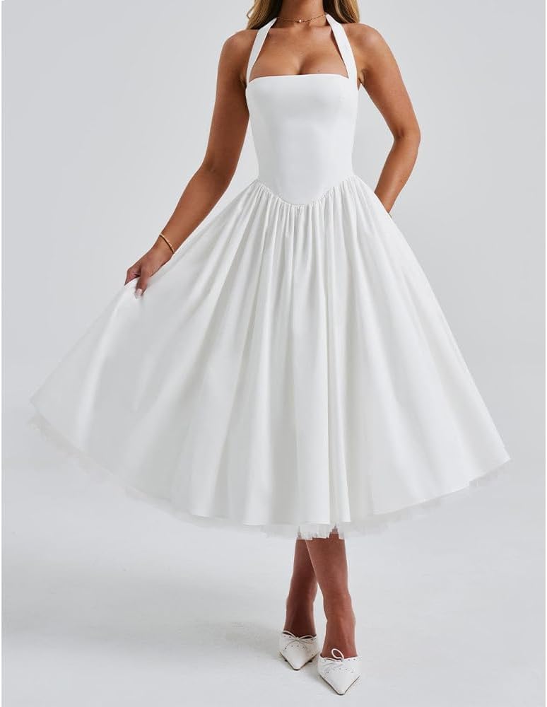 Women Halter Midi Dress Corset Back Layered Tulle Skirt A Line Formal Dresses Wedding Guest Bridal Shower