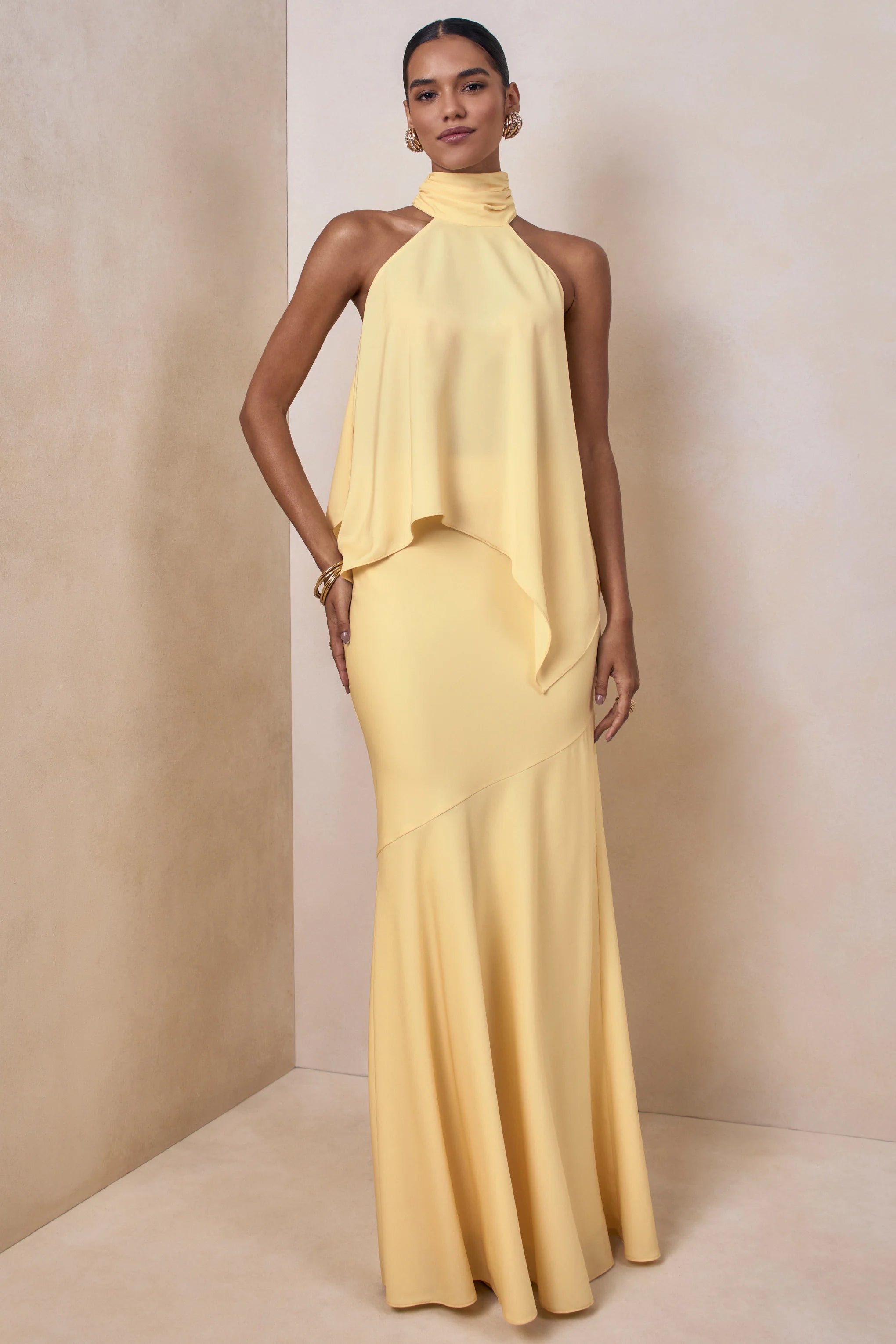 Vayla Lemon Matte Satin Asymmetric Drop Waist Maxi Skirt