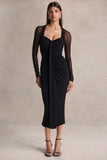 Rosetta Black Sweetheart Neck Midi Dress With Sheer Sleeves