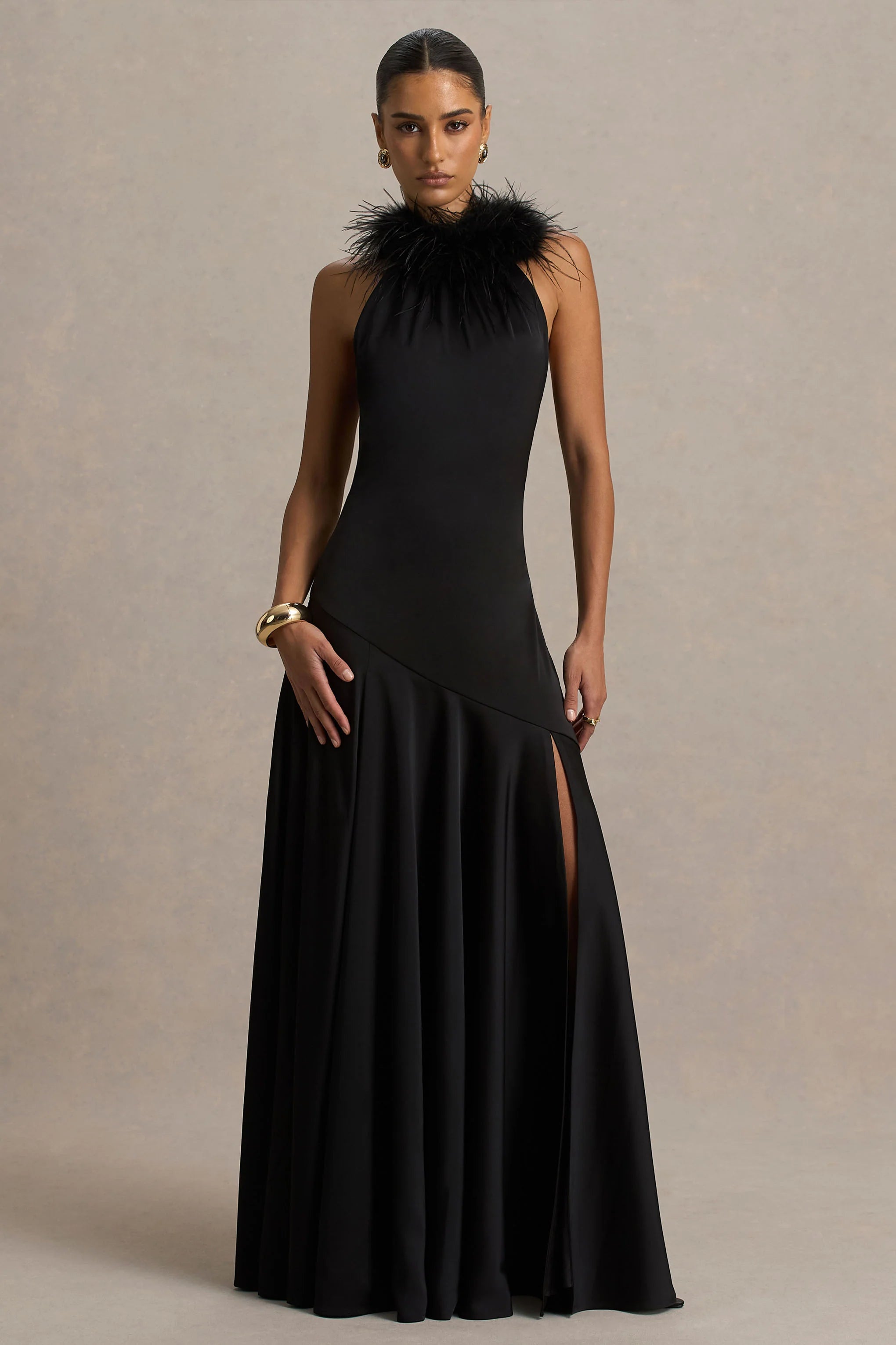 Jemima Black Satin Halter Neck Maxi Dress With Feather Trim