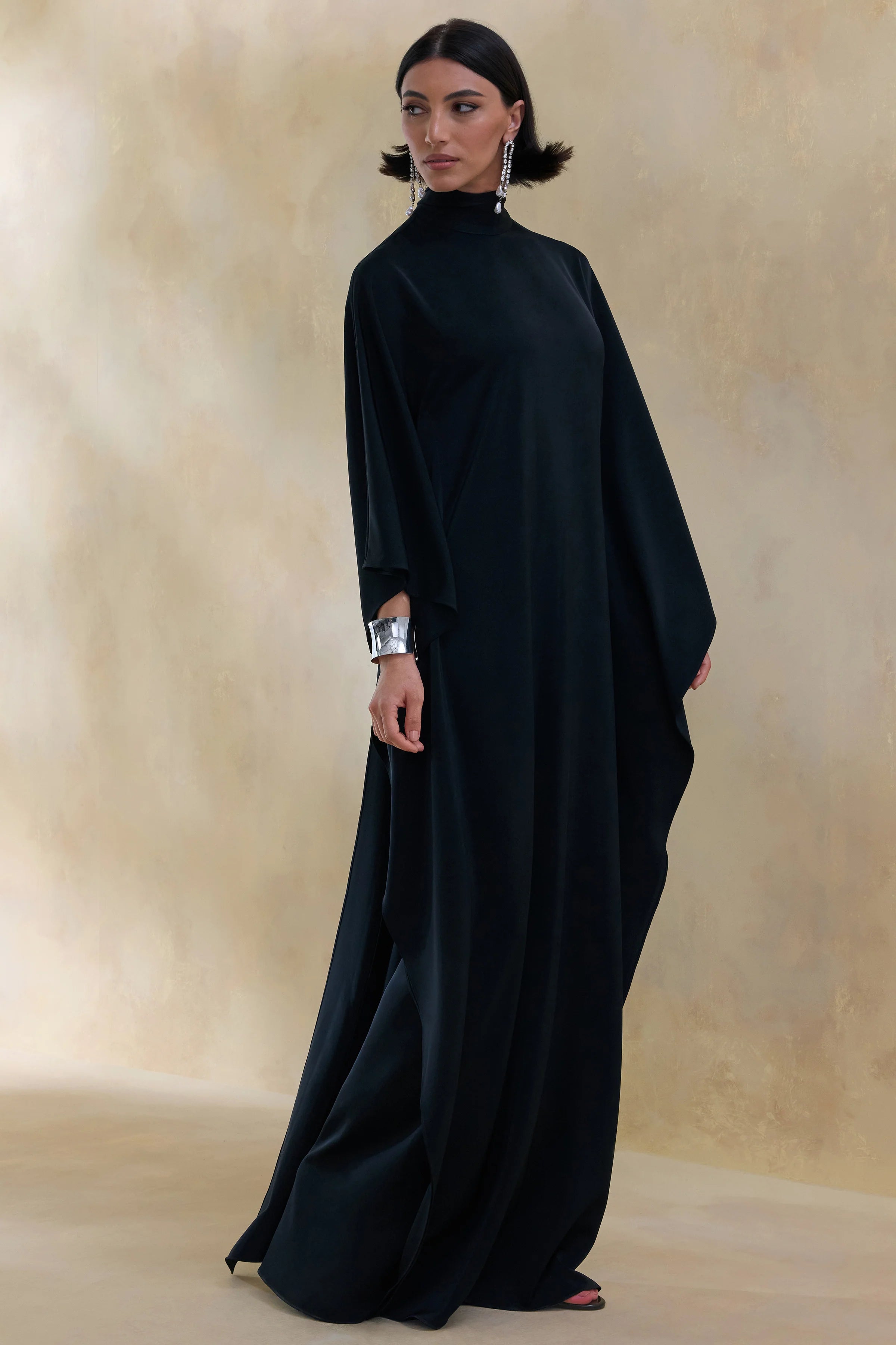 Lumisette Black Satin High Neck Maxi Dress With Cape