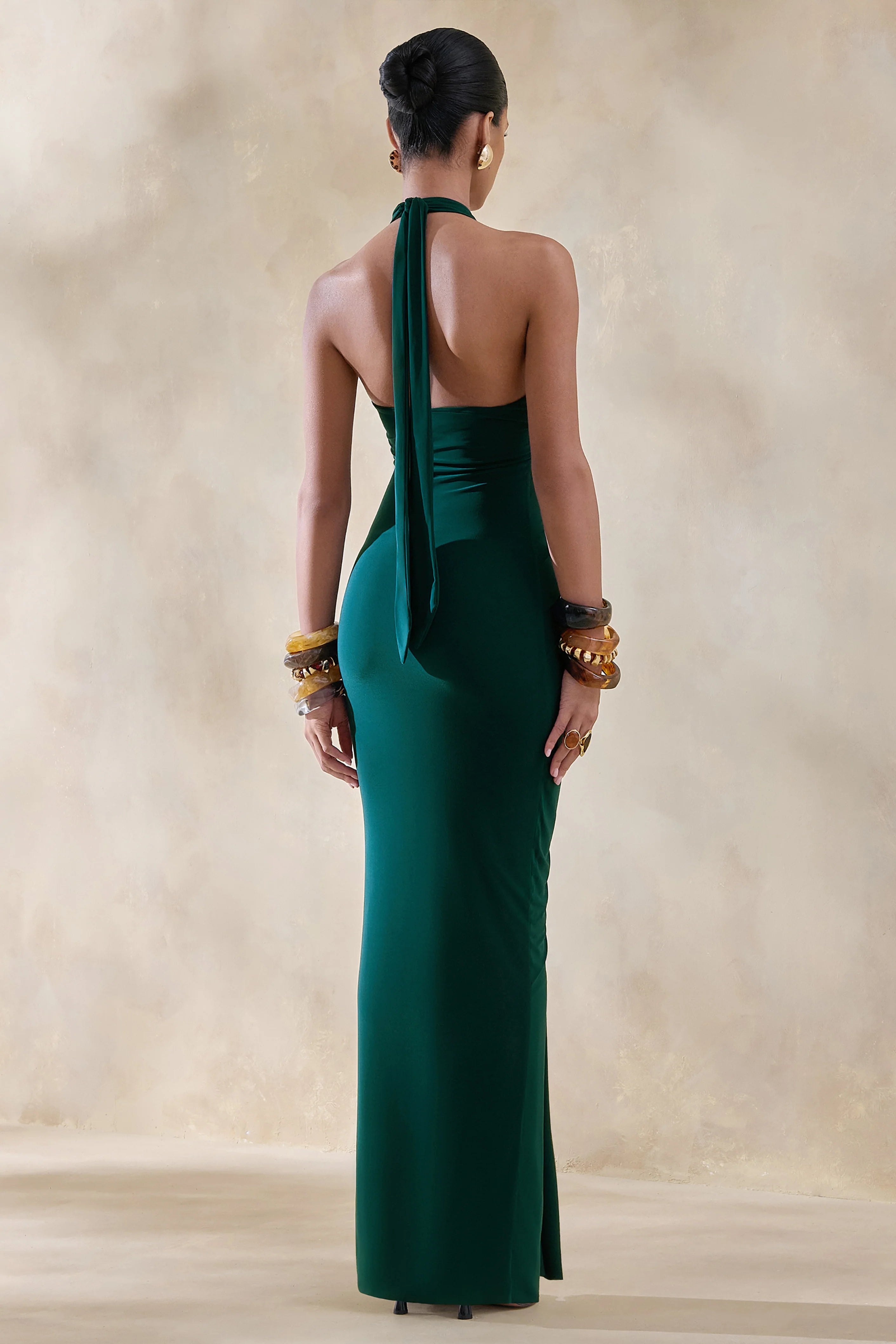 Lesley Bottle Green Plunge Neck Maxi Dress