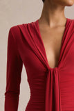 Ivara Red Plunge Neck Maxi Dress With Ruched Detailing And Sash