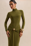 Ambrette Olive High Neck Maxi Dress With Gathered Detailing