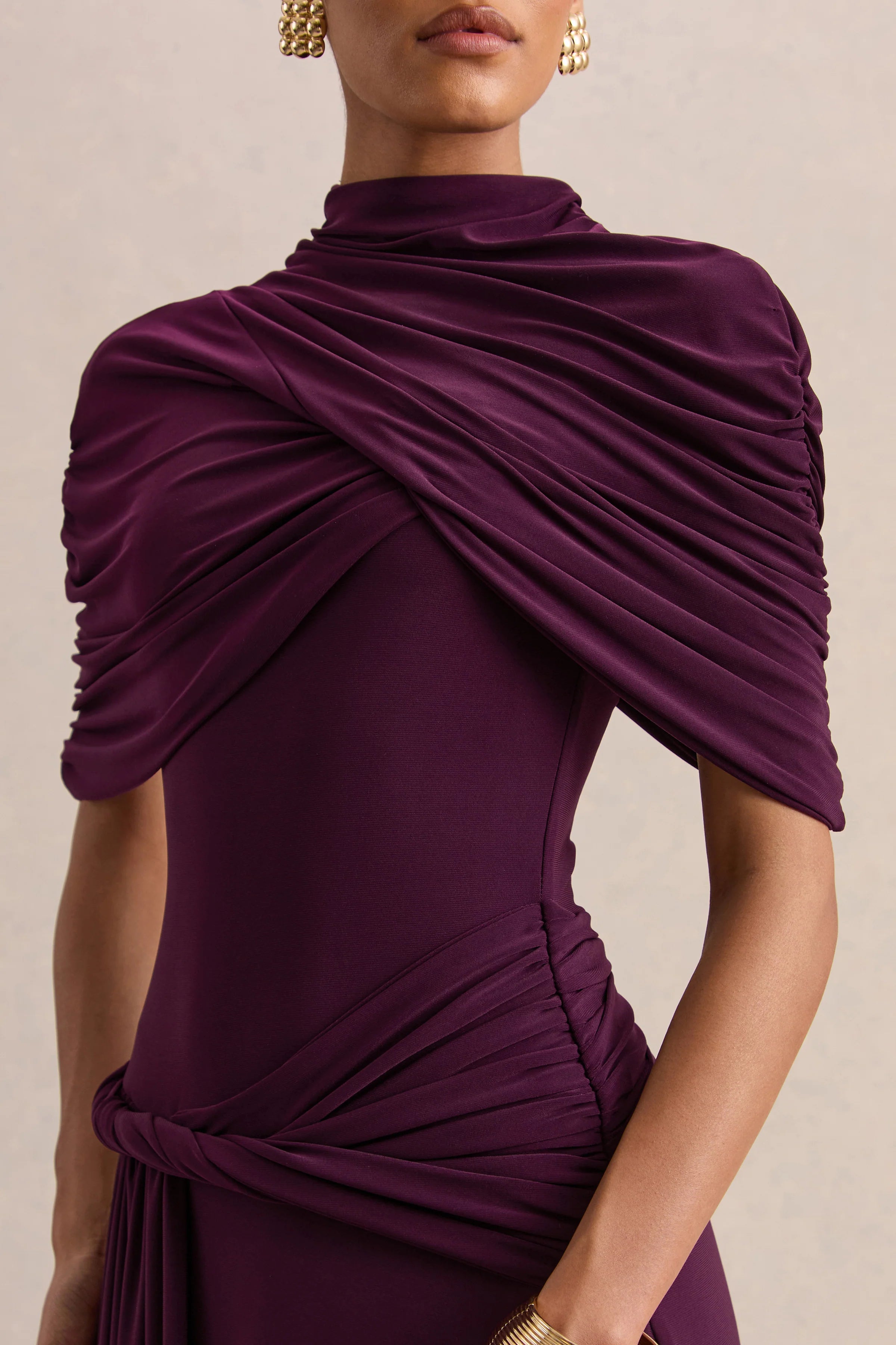 Evelisse Plum High Neck Maxi Dress With Short Cape Sleeves