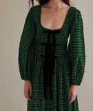 Women Plaid Maxi Dress Long Puff Sleeve Square Neck Flowy Boho Dress Bow Tie Smocked Fall Dresses