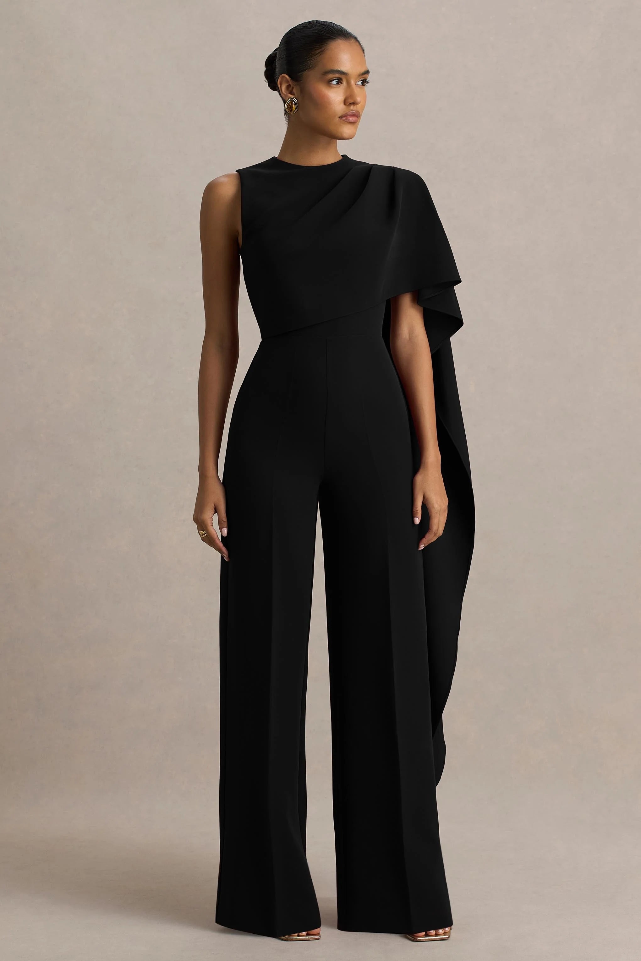 Sorenia Black High Neck Jumpsuit With One Cape Sleeve