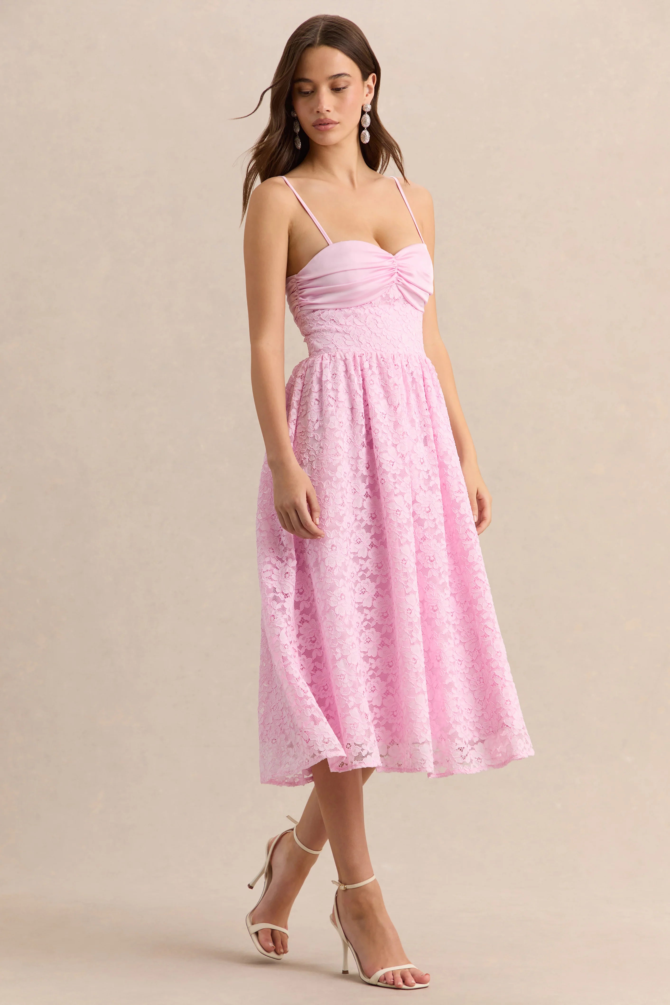 Gloriana Pink Lace Sweetheart Neck Midi Dress