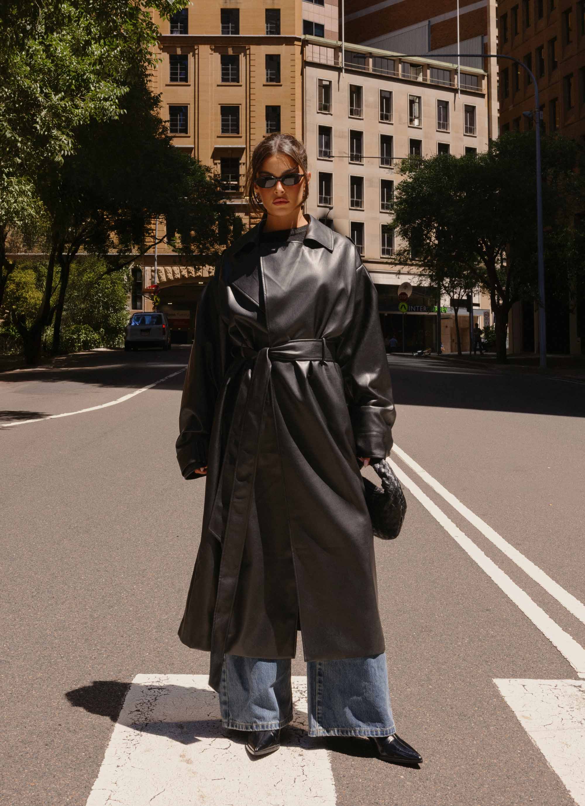 Out On The Town Faux Leather Midi Trench Black