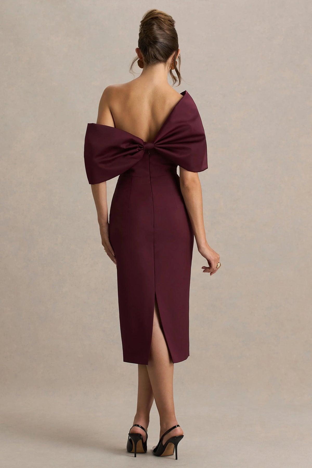 Lucille Burgundy Asymmetric Bardot Midi Dress With Bow Detail