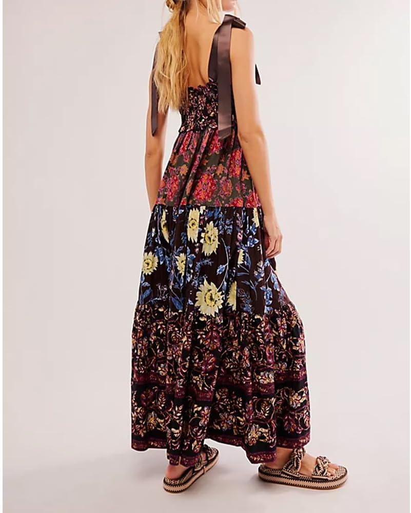 Women Floral Maxi Dress Tie Shoulder Patchwork Smocked Flowy Boho Dress with Pockets Summer Vacation Sundress