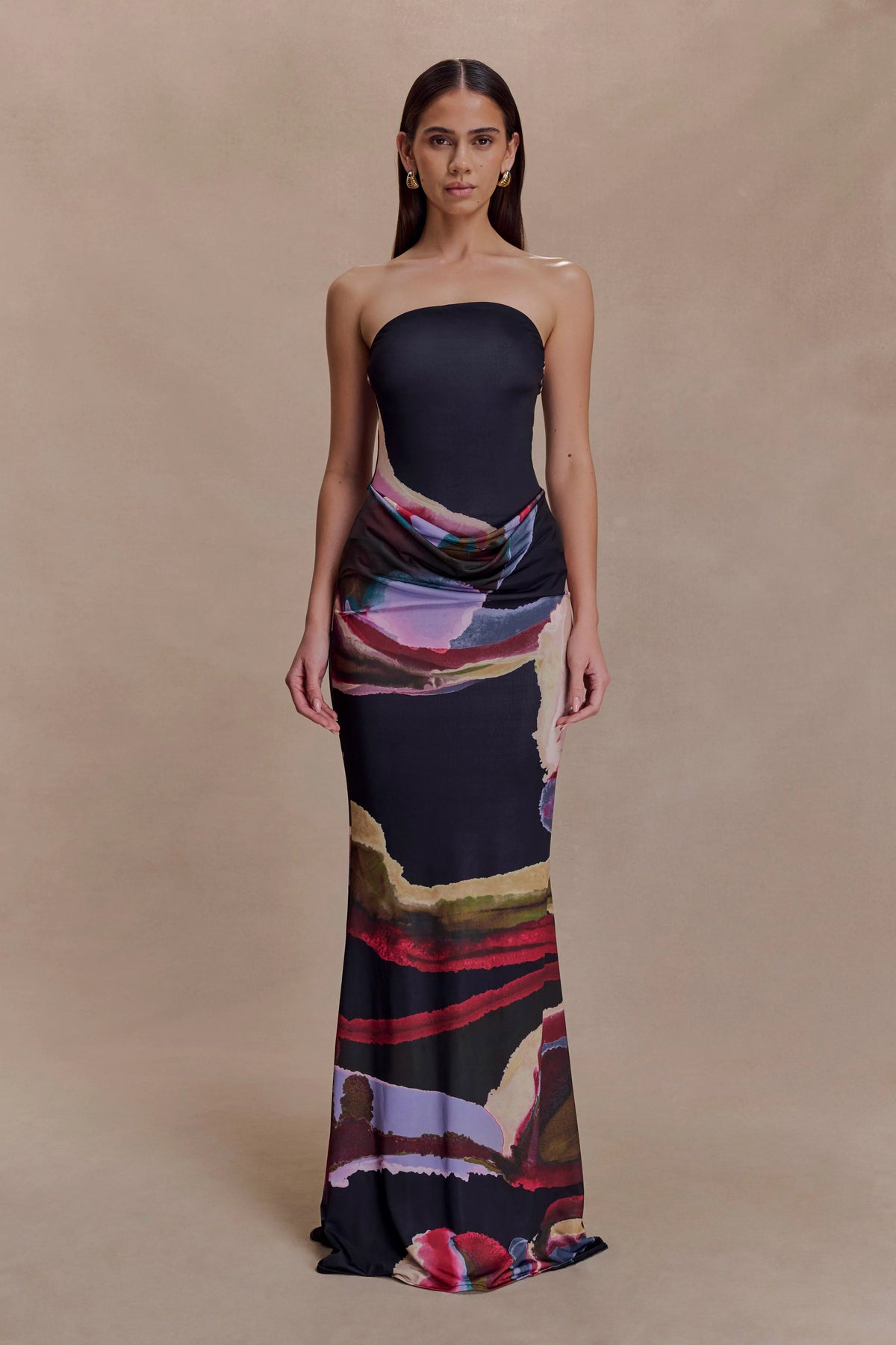 Madison Strapless Slinky Maxi Dress Multi Fluid Reverie Print