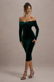 Compliment Bottle Green Velvet Bardot Midi Dress