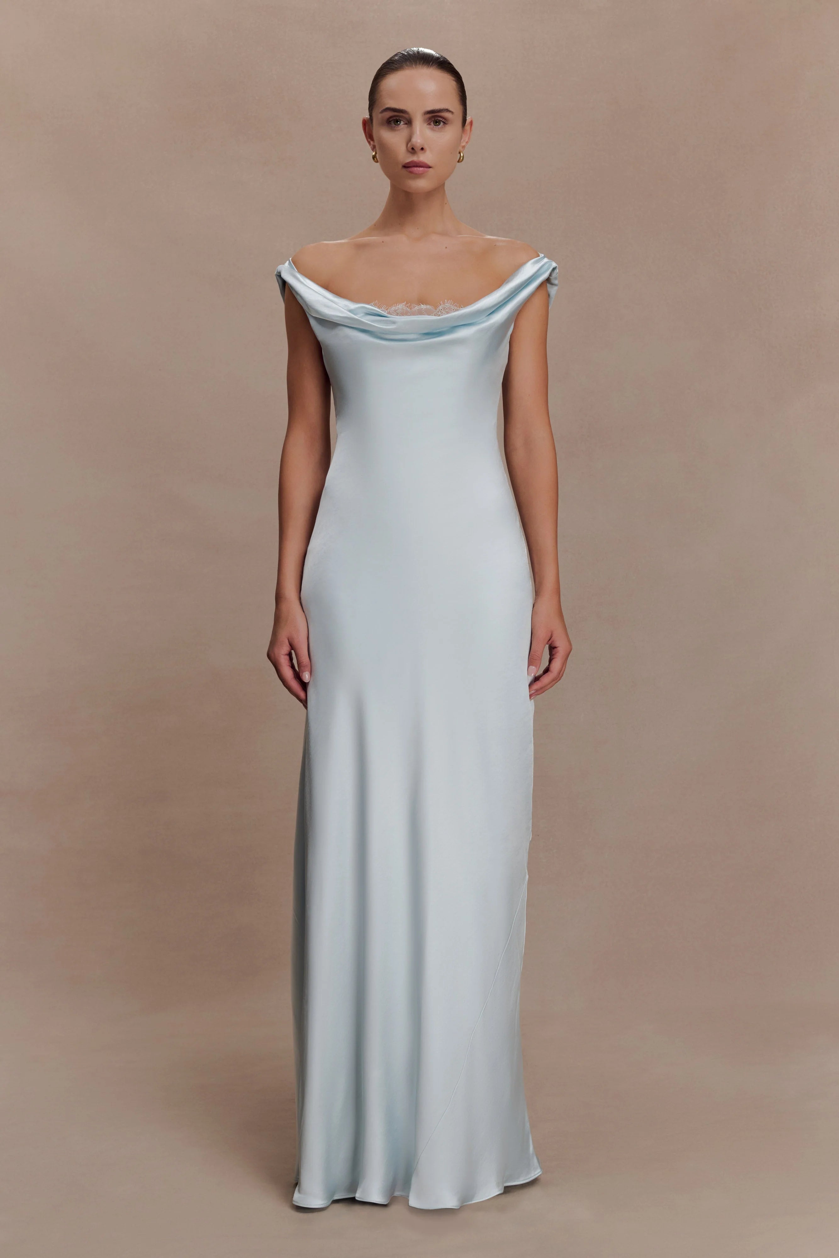 Ashley Cowl Neck Lace And Satin Maxi Dress Ice Blue