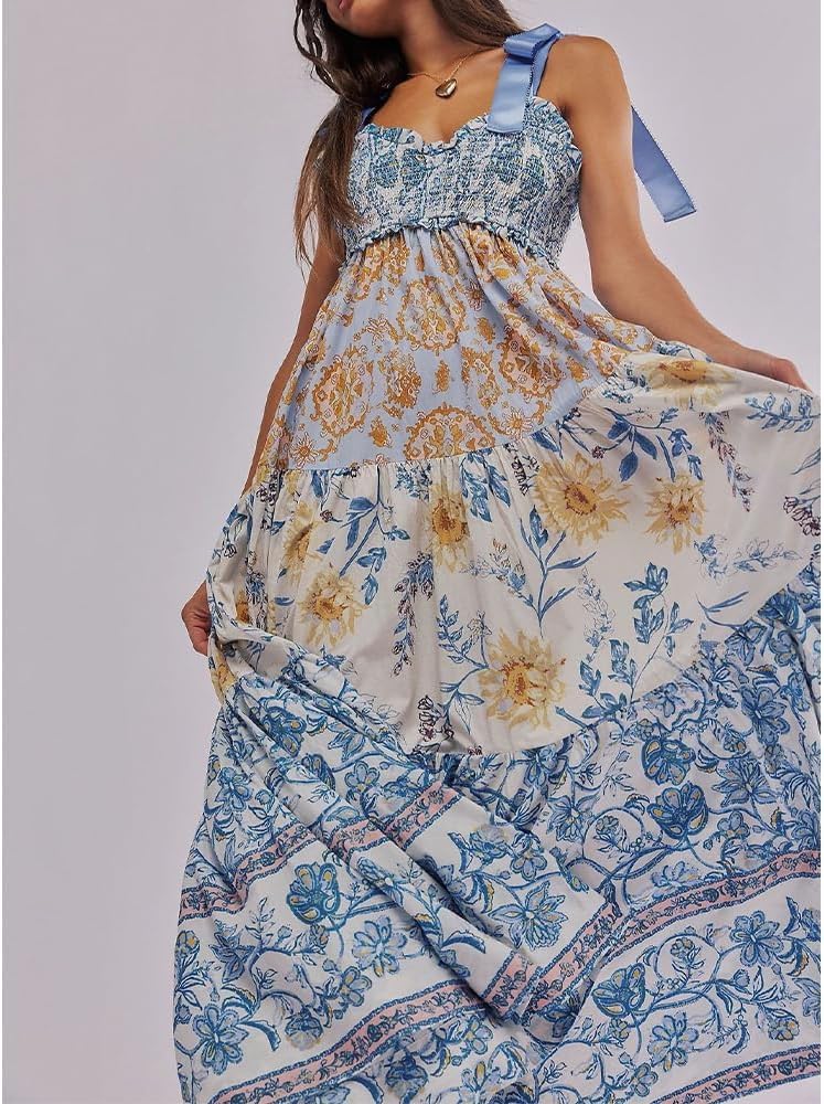 Women Floral Maxi Dress Tie Shoulder Patchwork Smocked Flowy Boho Dress with Pockets Summer Vacation Sundress