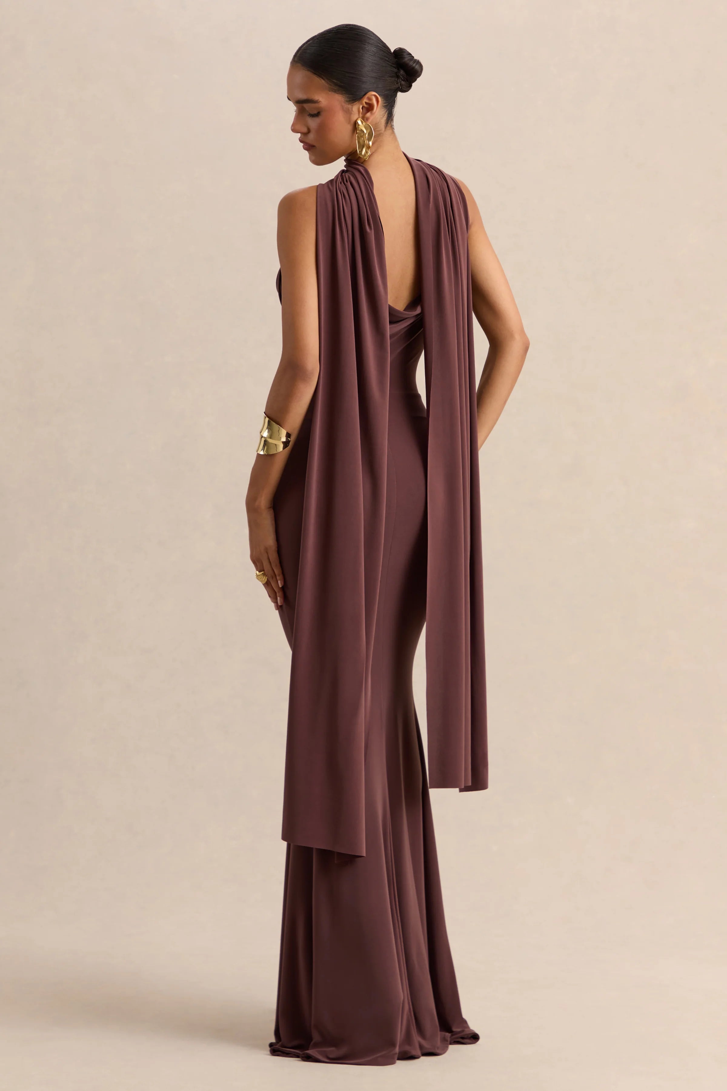 Armelia Brown Cowl Neck Maxi Dress With Scarf Detail