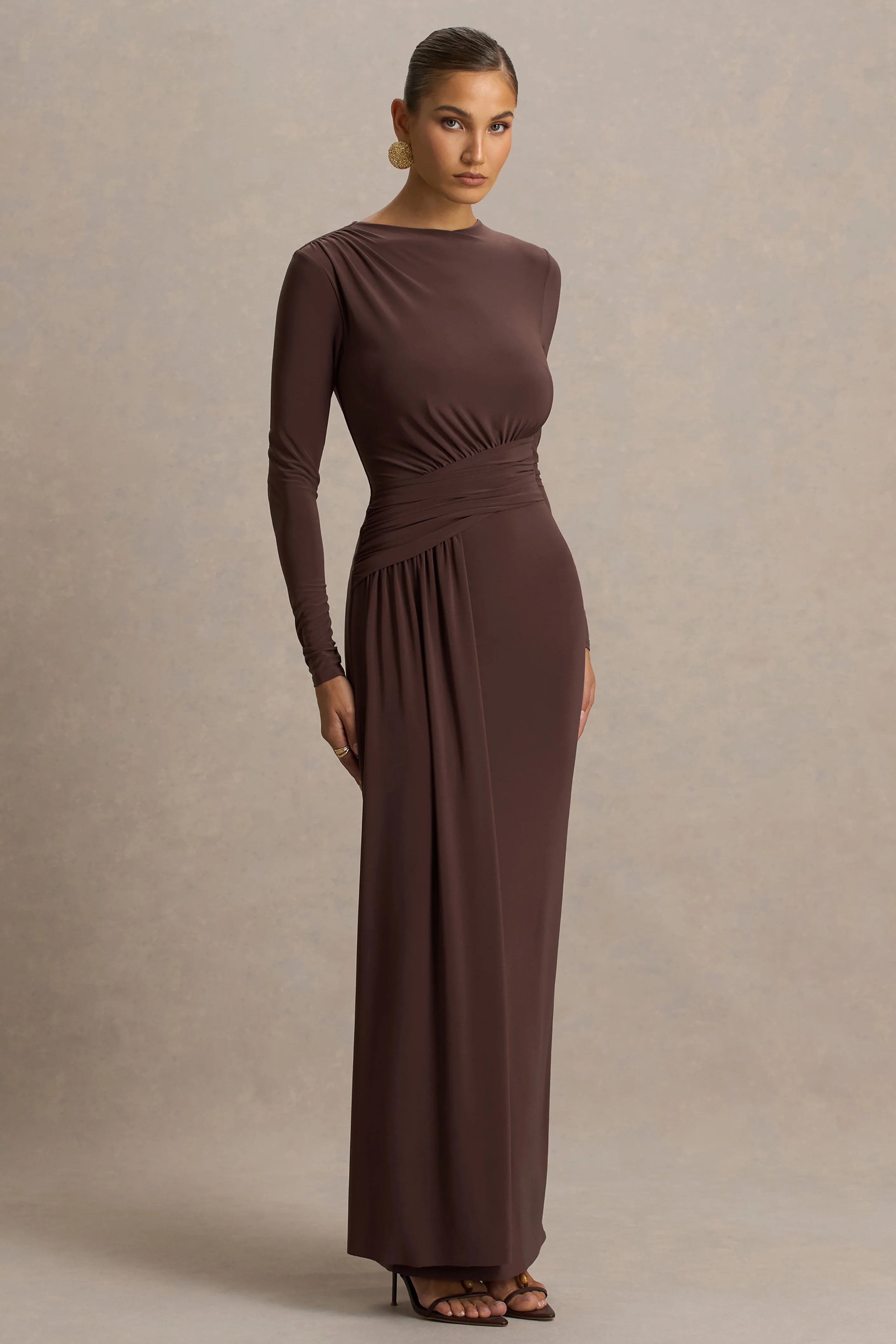 Virelle Brown Boat Neck Maxi Dress With Wrap Detail And Sash