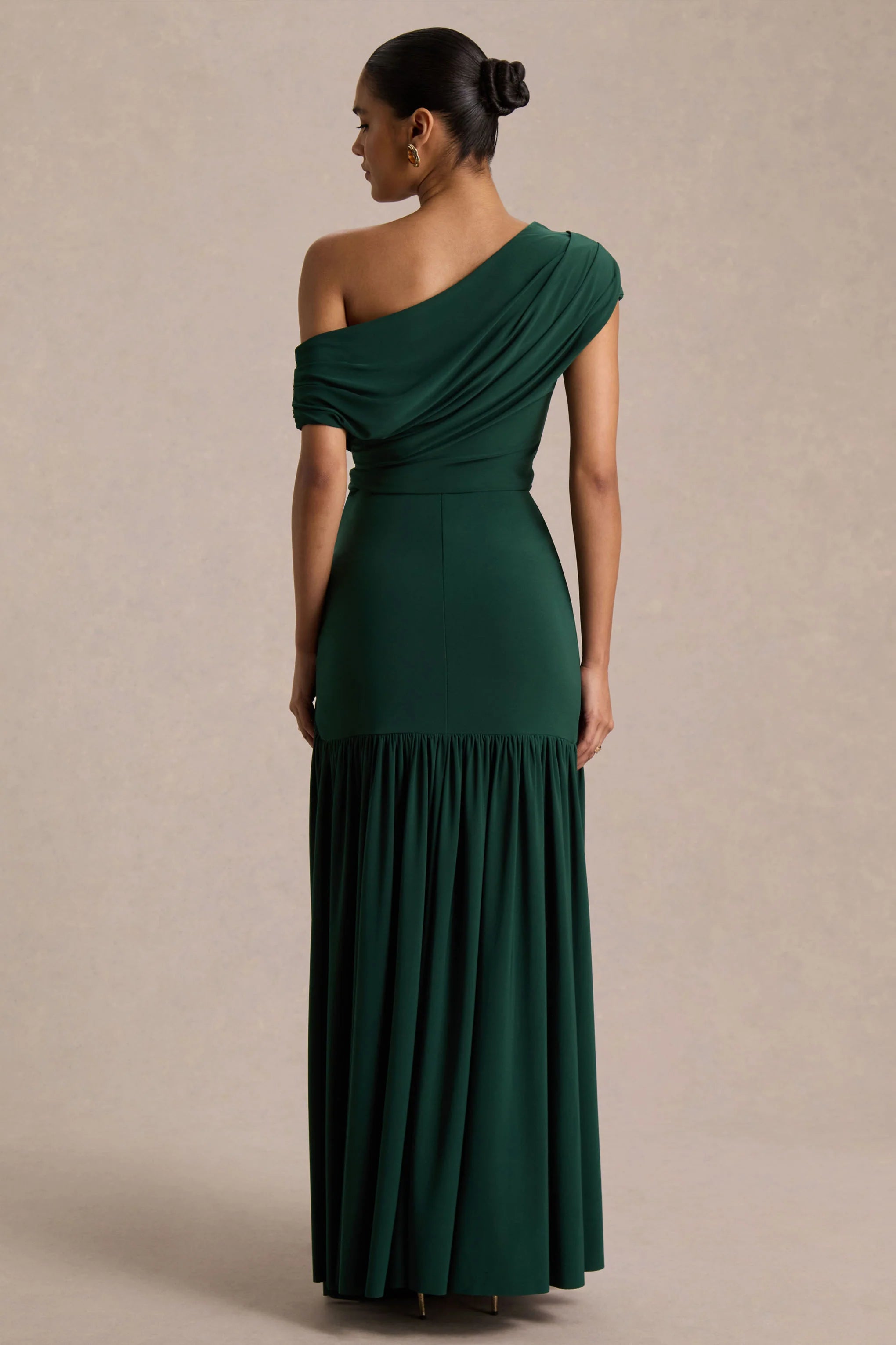 Kady Dark Green Asymmetric Neck Maxi Dress With Ruched Detailing