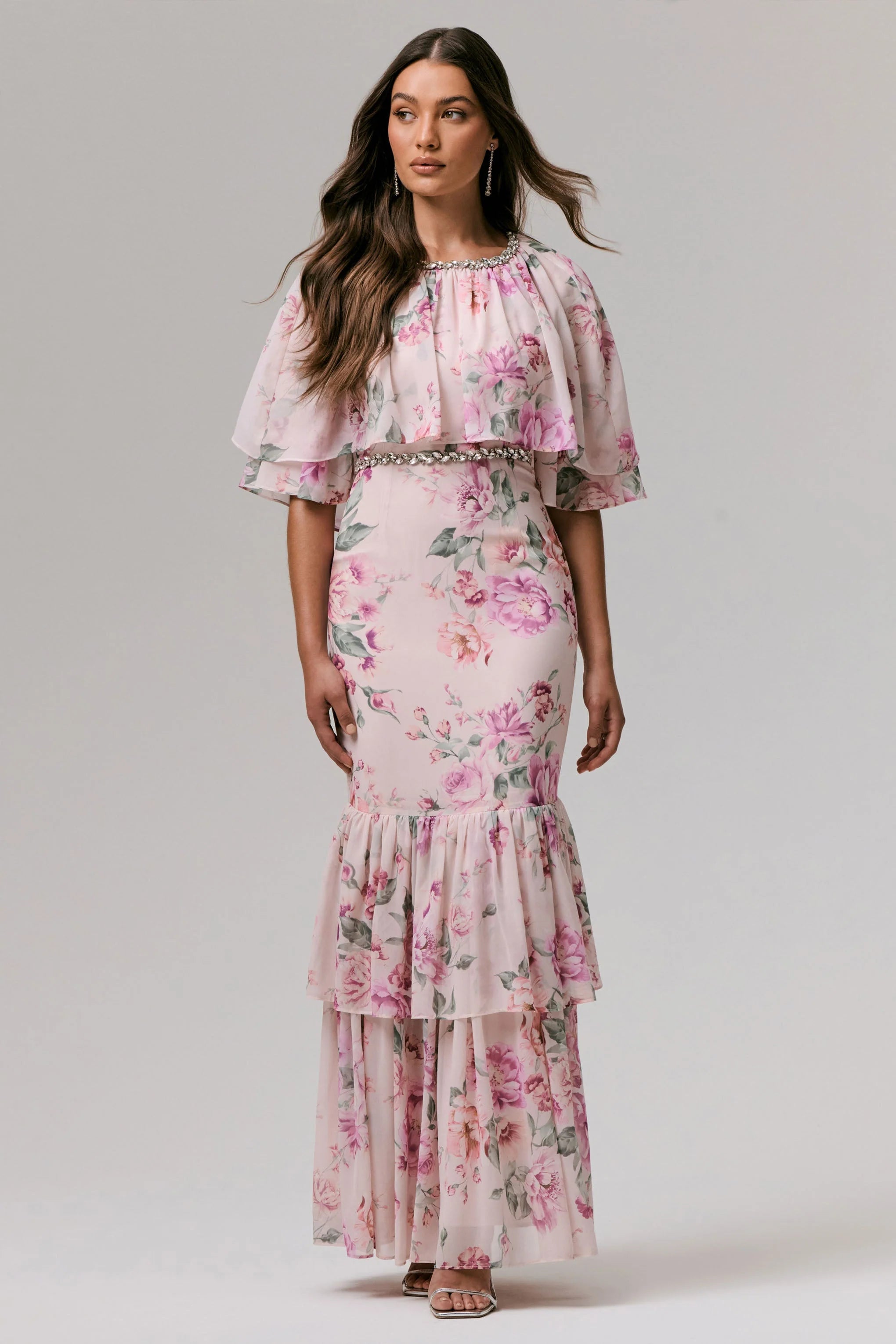 Never Let Go Pink Floral Print Chiffon Maxi Dress With Tiered Hem