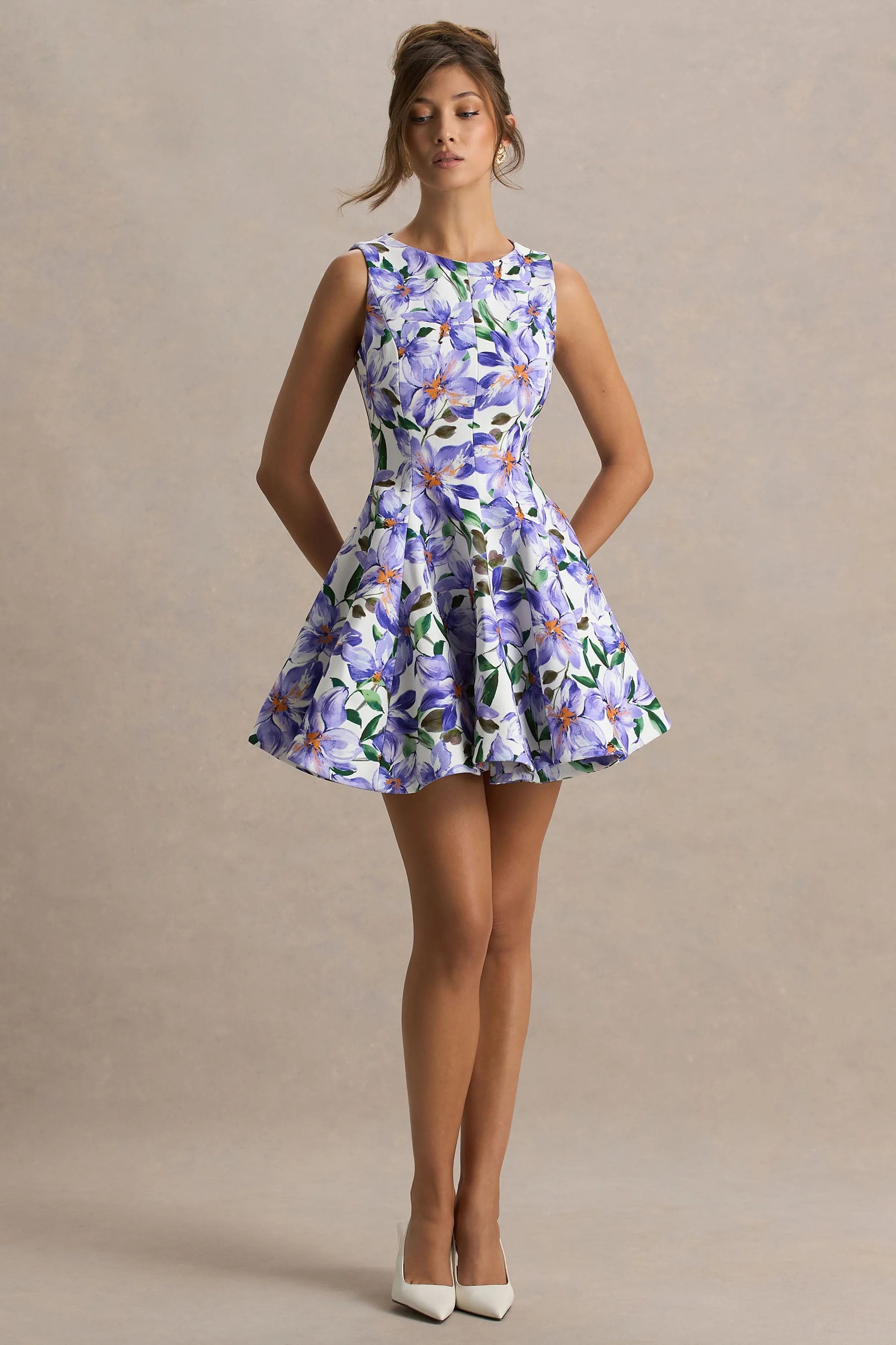 Gabrielle Purple Lily Print Boat Neck Skater Mini Dress