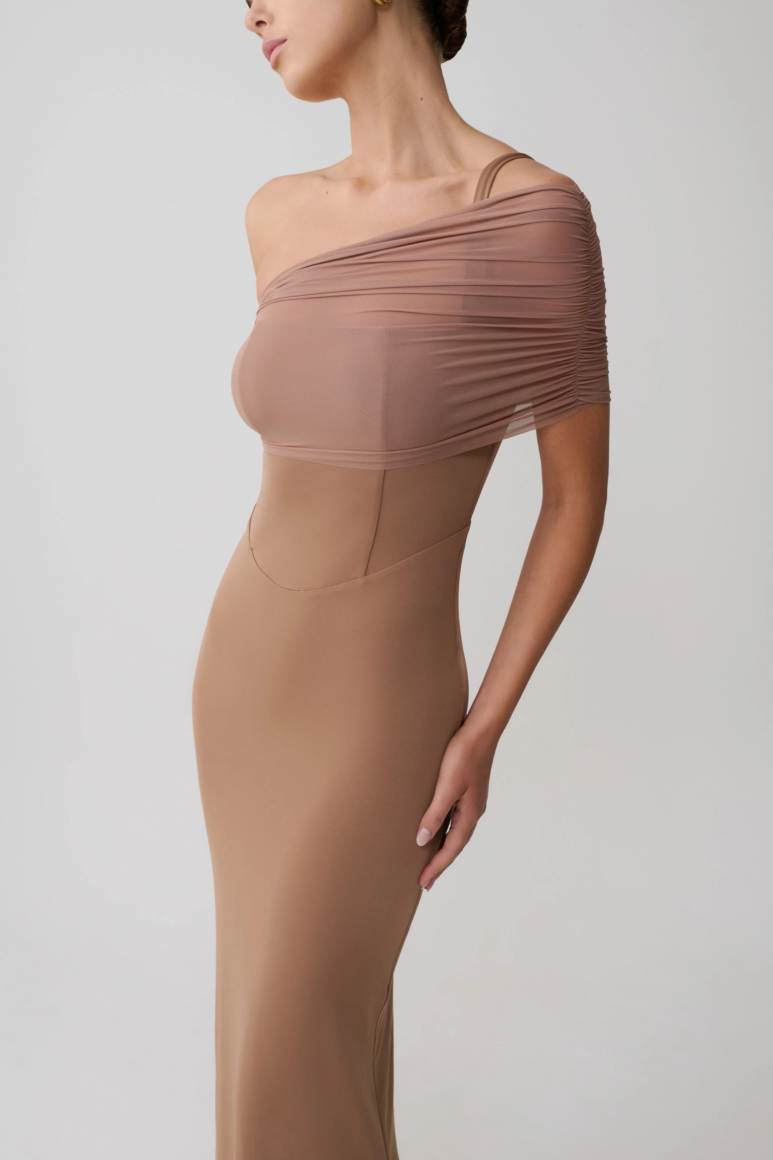 Hanh One Shoulder Mesh Maxi Dress Tan