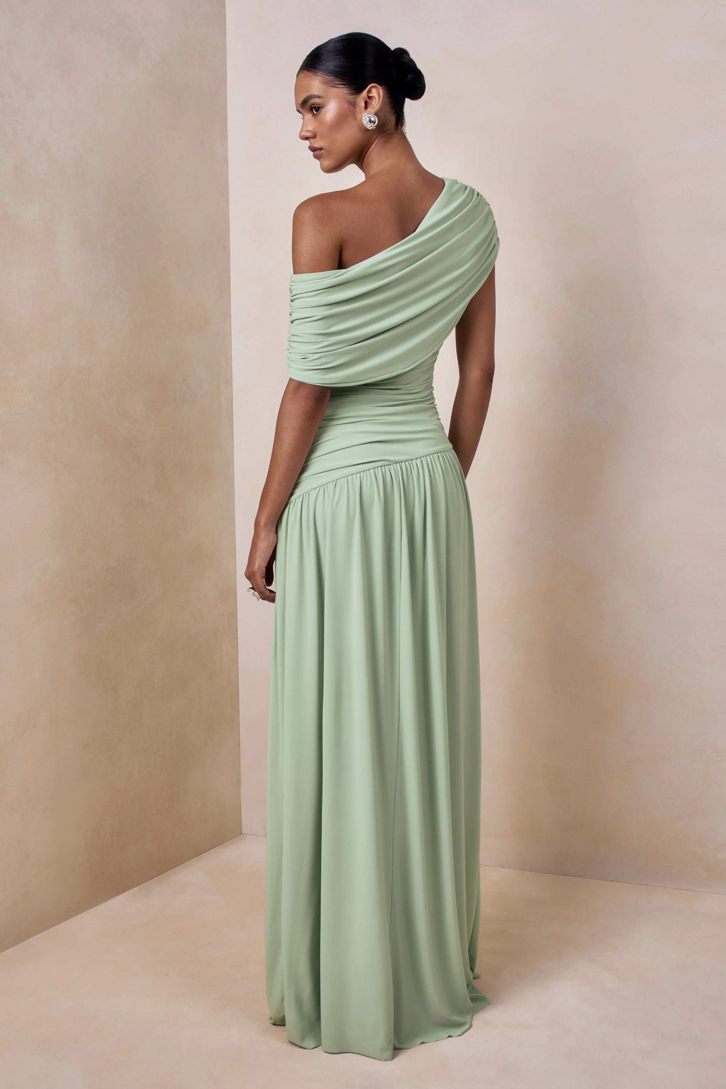 Emberly Green Draped Asymmetric Neck Maxi Dress With Drop Waist