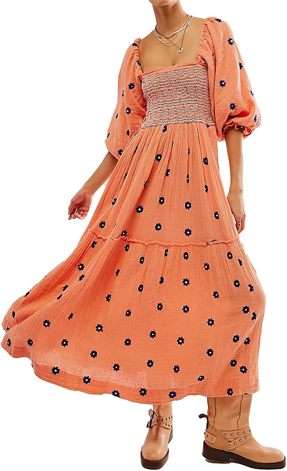Women Floral Embroidered Maxi Dress Long Puff Sleeve Square Neck Bohemian Flowy Dress with Pockets Summer Fall