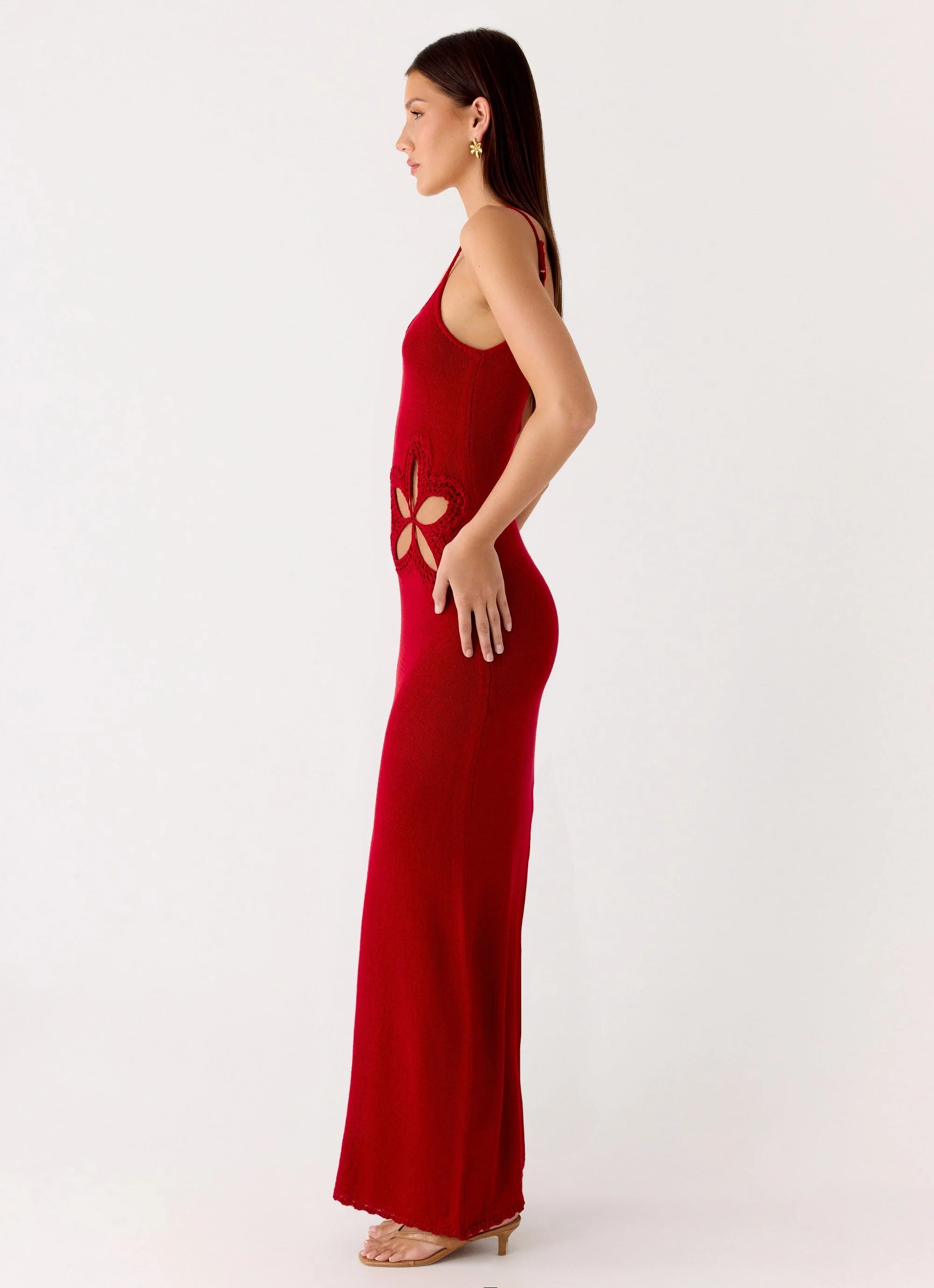 Palm Breeze Flower Crochet Maxi Dress Burnt Red