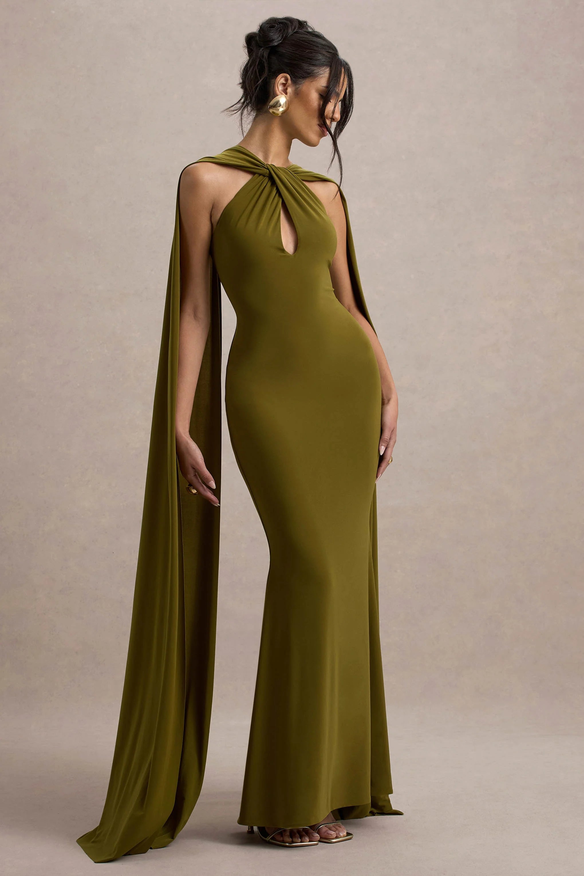Rhoda Green Twist Halter Neck Cape Maxi Dress