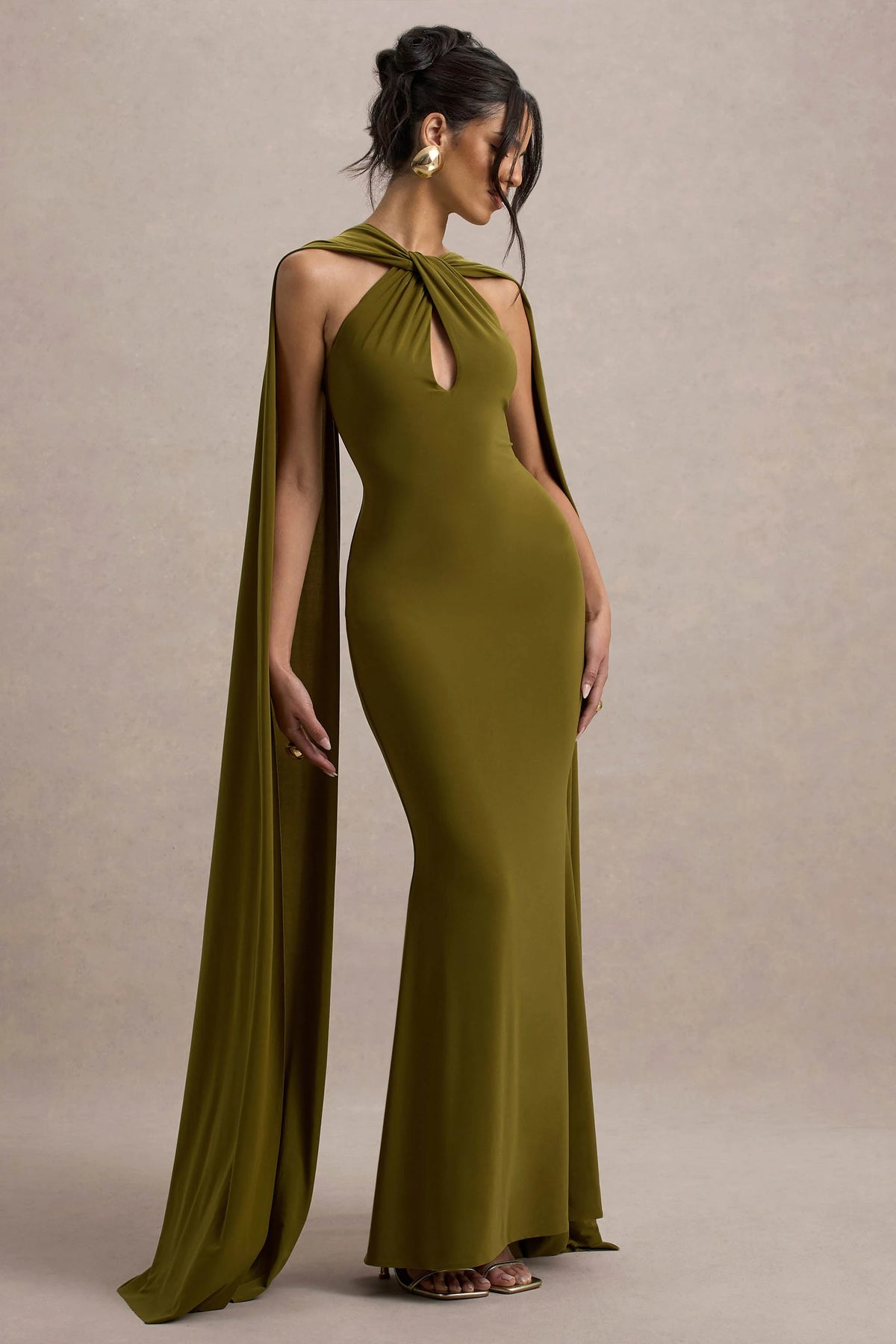 Rhoda Green Twist Halter Neck Cape Maxi Dress