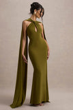 Rhoda Green Twist Halter Neck Cape Maxi Dress