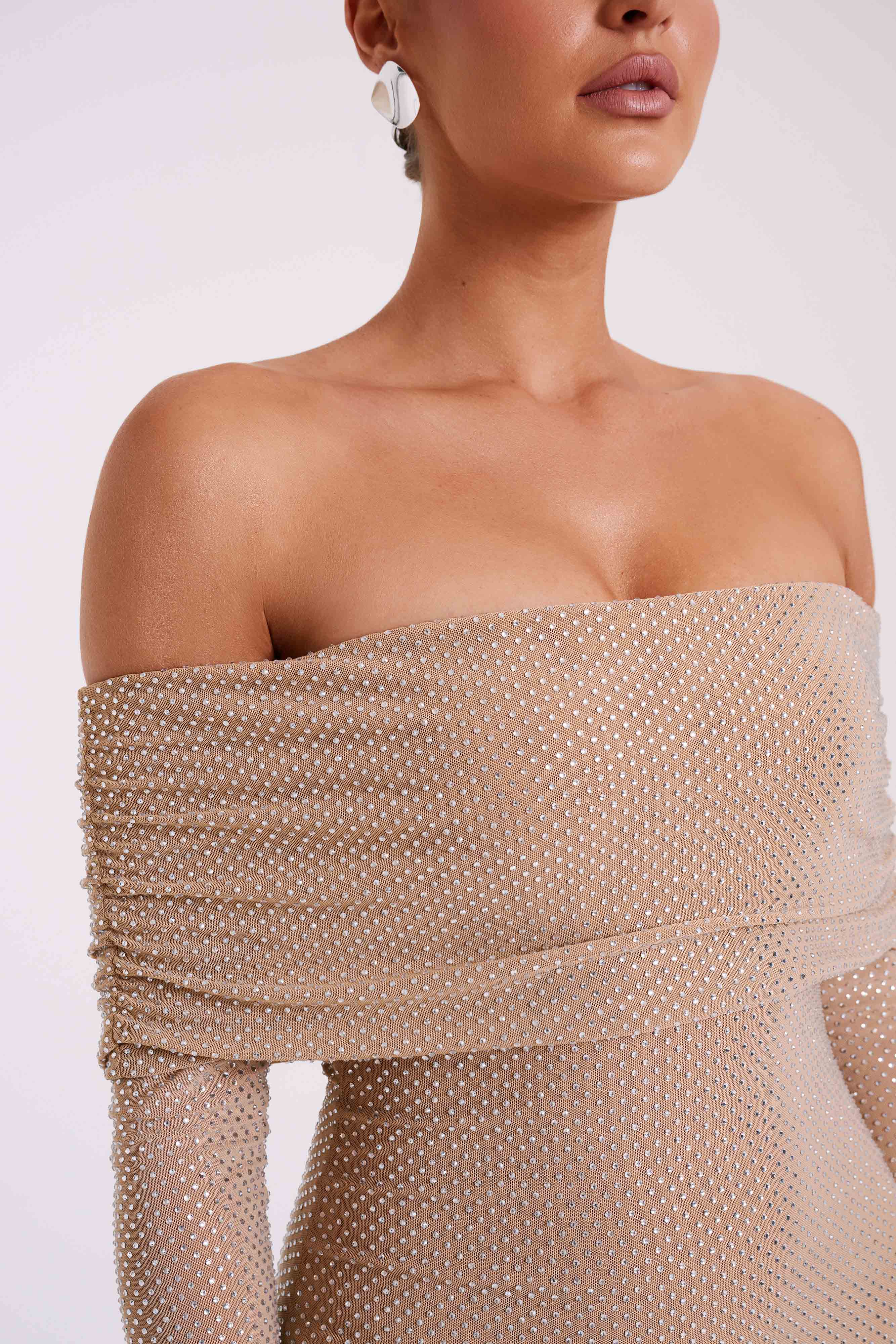 Marcel Off Shoulder Diamante Maxi Dress Nude