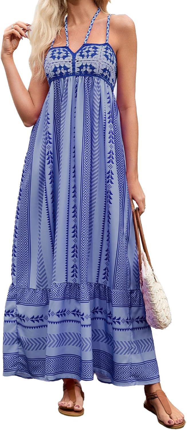 Women Boho Maxi Dress Crochet Patchwork Sleeveless Long Flowy Swing Dress Pink Beach Sundresses